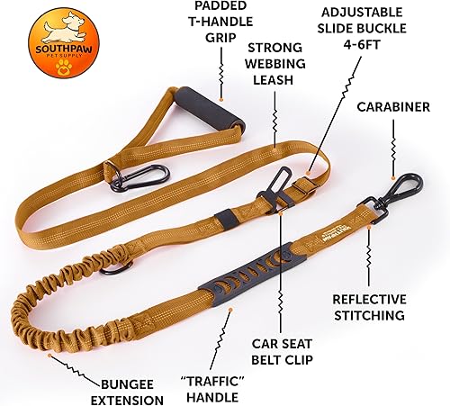 Miniatura 2 de Correa elástica para perro con absorción de golpes de 4 a 7 pies para Golden Retreivers con hebilla de cinturón de seguridad y mango acolchado