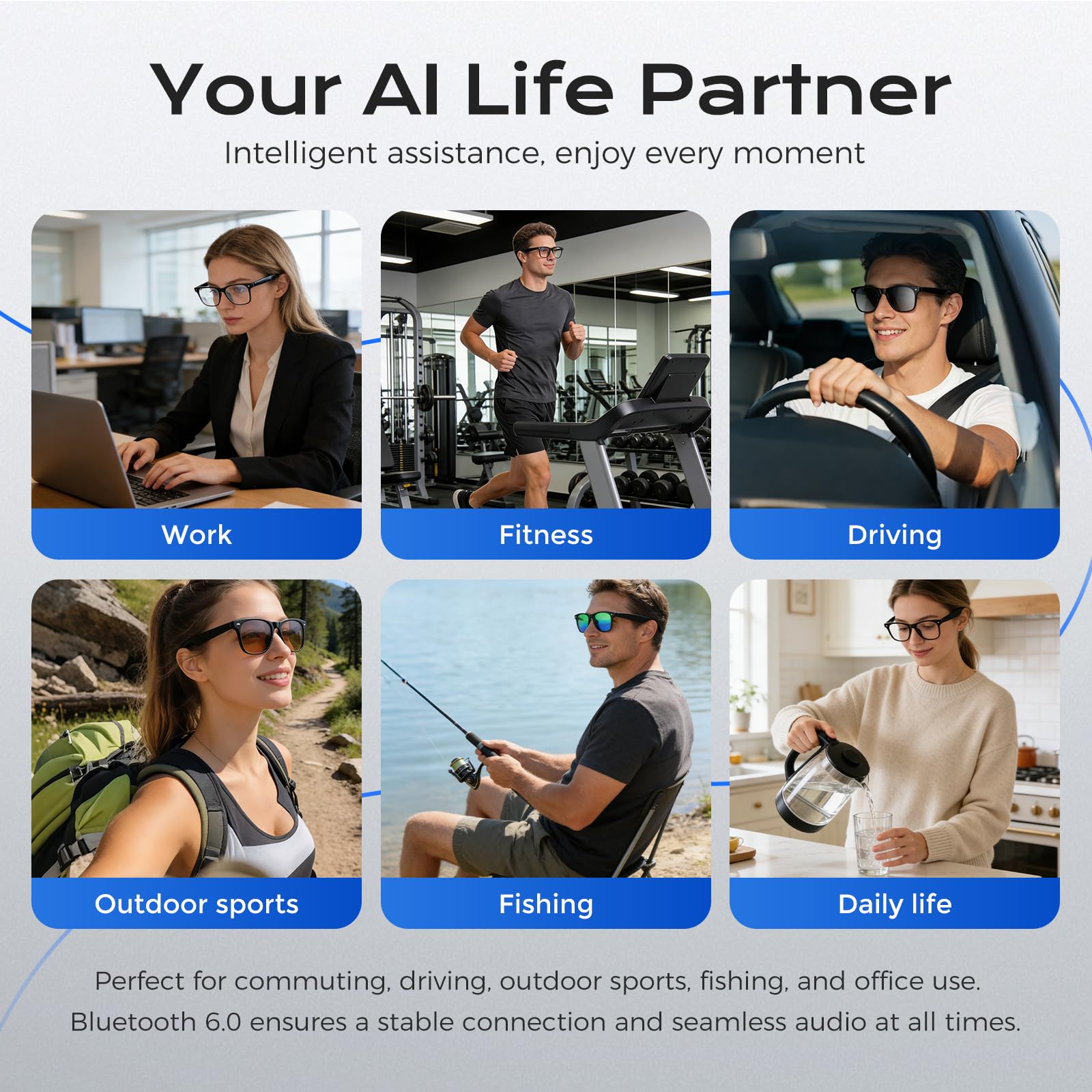 Occhiali intelligenti AI con traduzione in tempo reale in 163 lingue, assistente vocale intelligente, note vocali, servizio fotografico remoto, batteria 10H, IP65, audio a conduzione dell'aria
