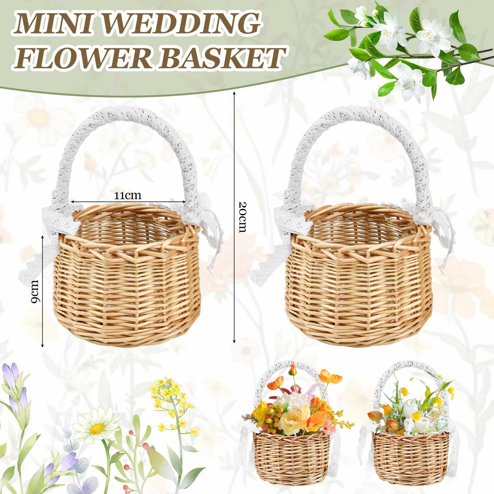 HEKOBAG 2 PZ Cestini in Vimini con Manico 20 cm Cestini di Fiori Matrimoni Cesto di Fiori Fatti a Mano Cesti Intrecciati con Nastro di Pizzo Cestini Rattan per Pane, Caramelle, Cioccolatini, Biscotti
