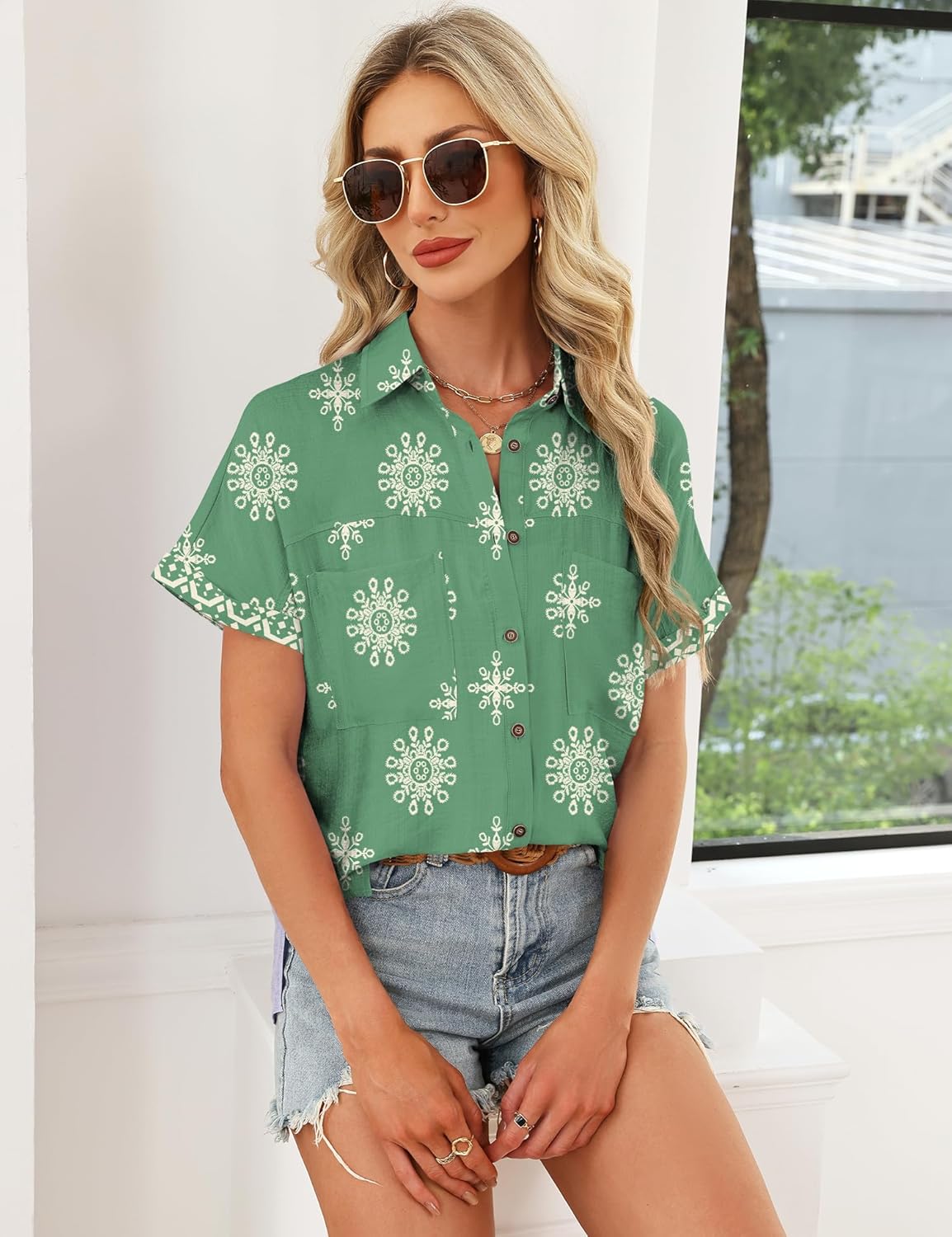 Button Down Shirt for Women Short Sleeve Blouses Dressy Casual Business Work Summer Vacation Tops Hawaii Shirts with Pockets - Image 4