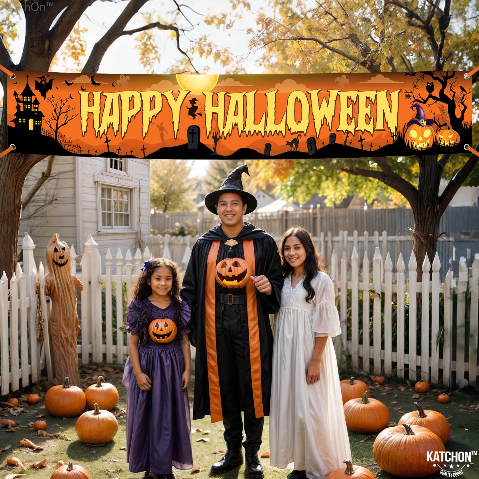 KatchOn, Baner Happy Halloween na zewnątrz, 300 x 50 cm, pomarańczowy i czarny baner na podwórko z okazji Halloween, znak na podwórko na Halloween, dekoracja podwórka, banery halloweenowe na zewnątrz