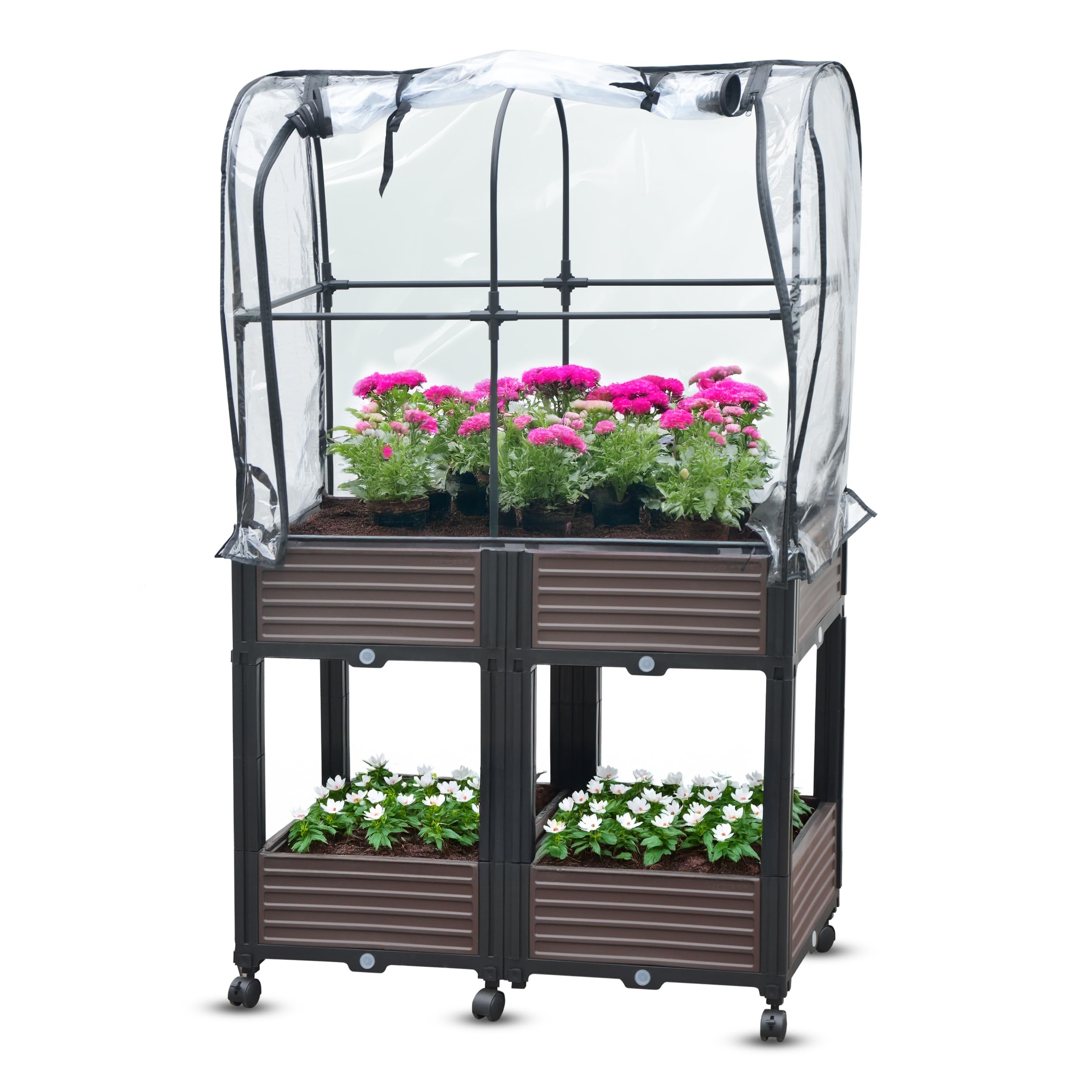 Gartenwelt Riegelsberger Hochbeet mit 2 Ebenen und Frühbeet auf Rädern 82x41xH135 cm Foliengewächshaus für Garten