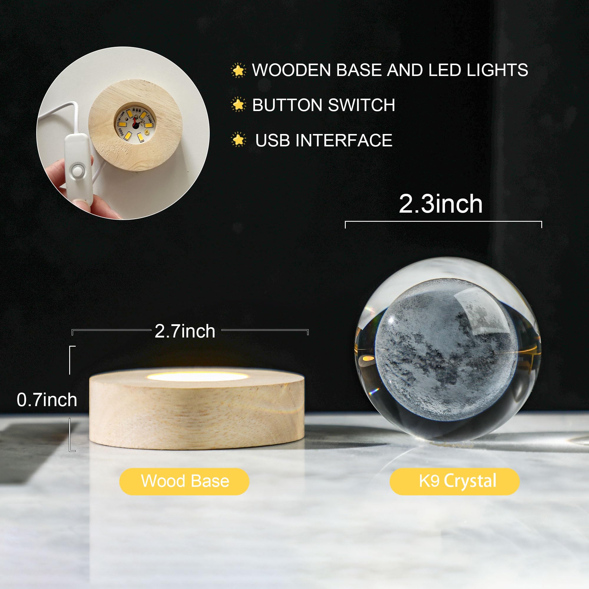 YU FENG 3D Carved Moon Crystal Ball with with Warm White Light Base for a Warm and Mysterious Ambiance 2.36 Inches