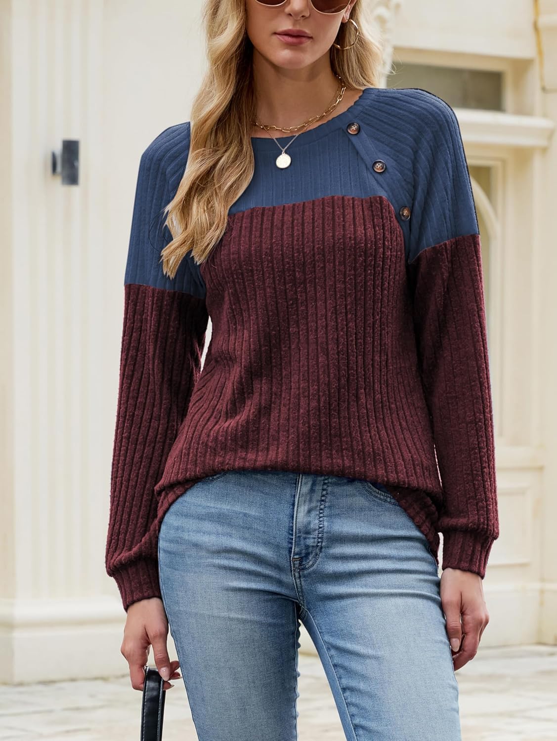 Famulily Womens Ribbed Knit Long Sleeve Crew Neck Sweatshirts Casual Colorblock Button Detail Tunic Tops - Image 4