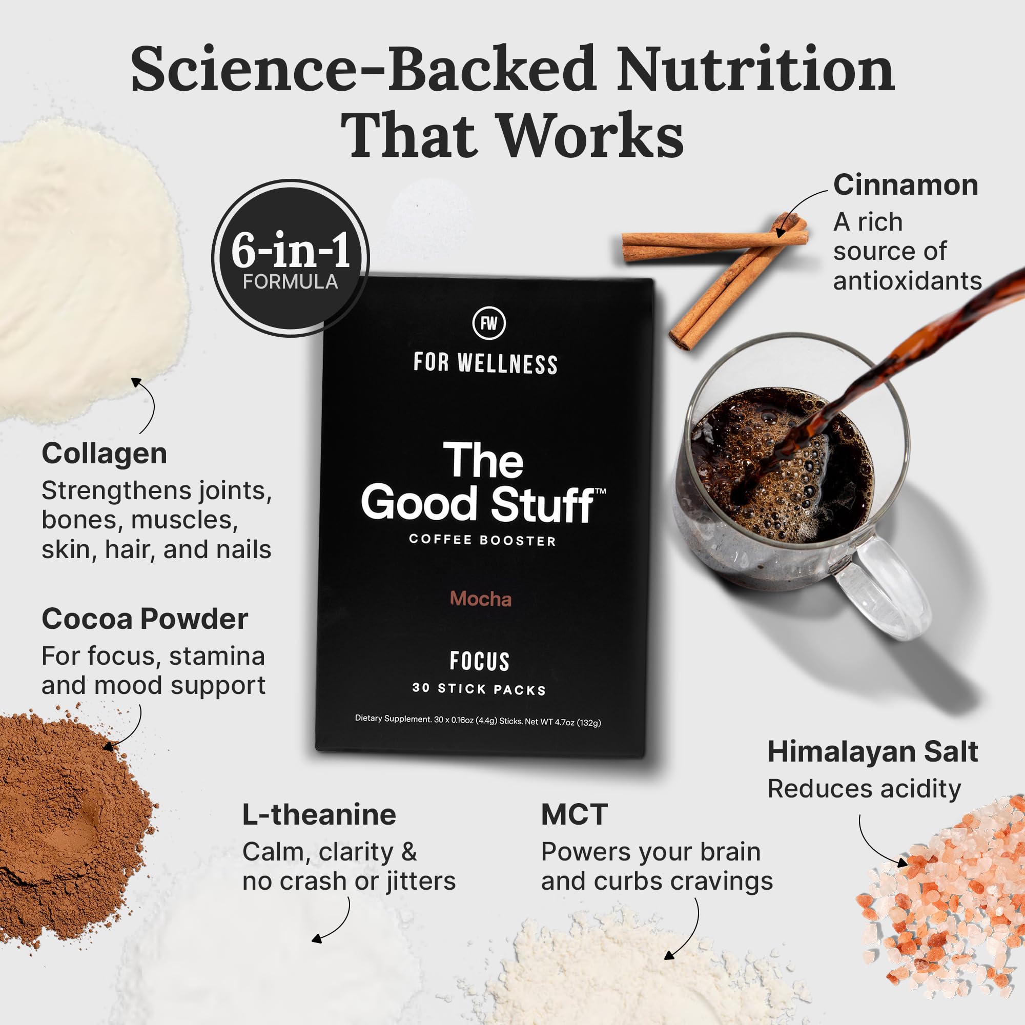 For Wellness The Good Stuff Focus Healthy Mocha Coffee Creamer Powder with Collagen MCT Oil L-Theanine Keto Non-Dairy — view 5