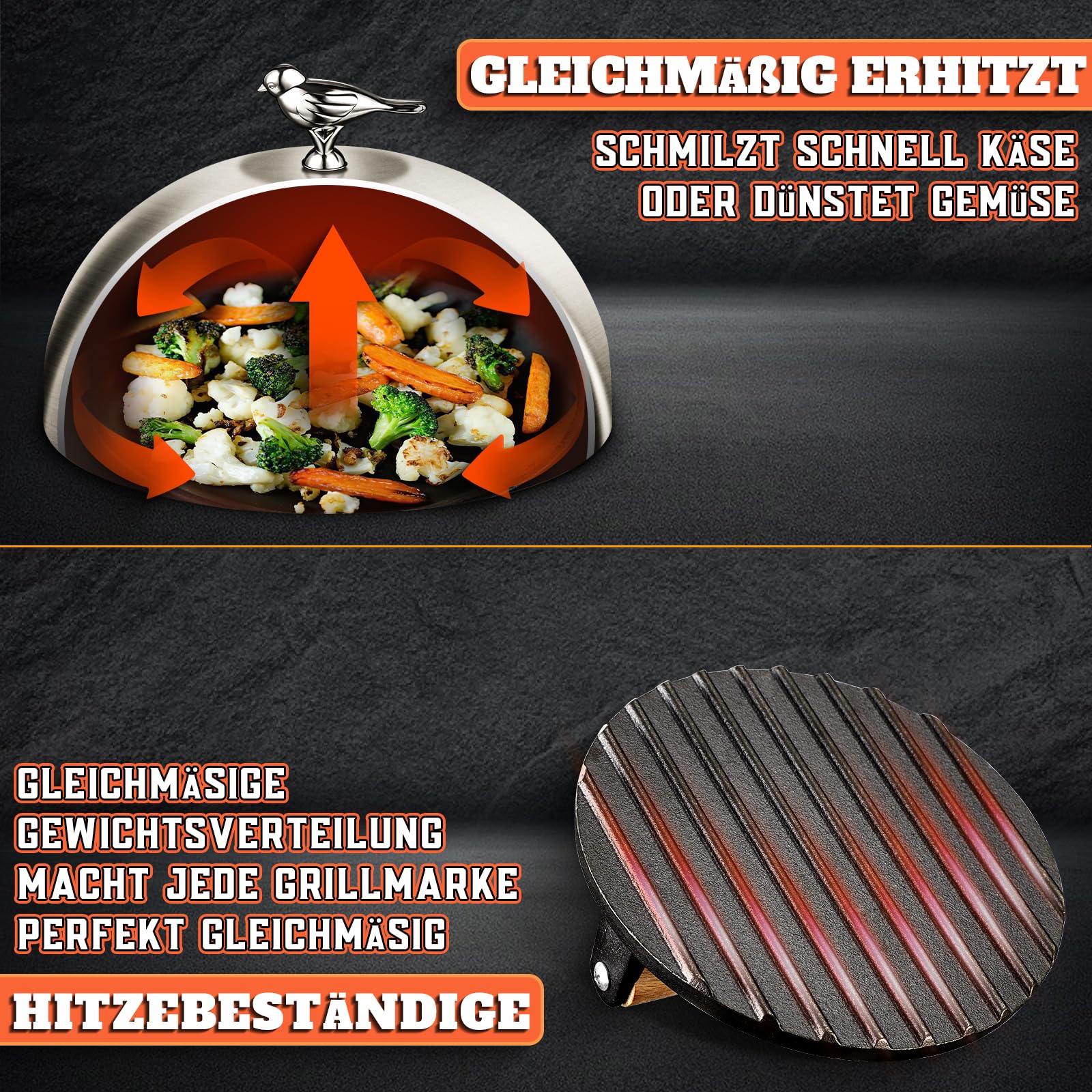 PURPLEBIRD Griddle - Set di accessori per hamburger in acciaio inox (7,87 pollici), con pesanti, in ghisa (6,97 pollici), campana per fusione e pressa per hamburger, per barbecue a gas, teppanyaki,