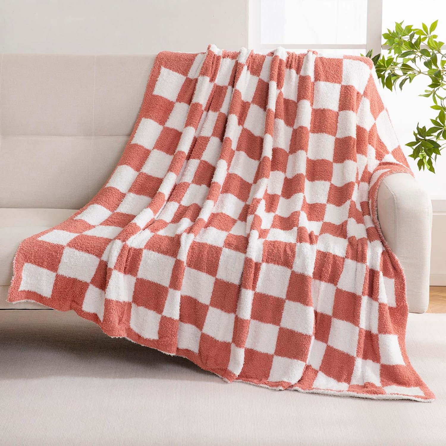 YIRUIO Checkered Knit Throw Blanket Ultra Soft Microfiber Reversible, Fluffy Fuzzy Cozy Throw for Bed, Sofa Couch Home Decor Red 80''x90'' Big Size