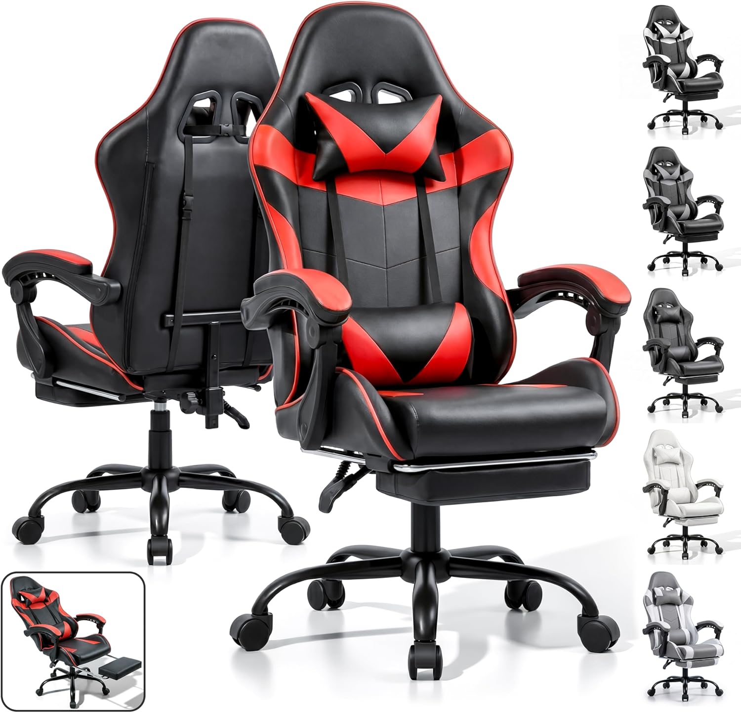 RayBear Gaming Chair with Footrest, Lumbar Support & Headrest - Ergonomic Adjustable Office Chair Red Black