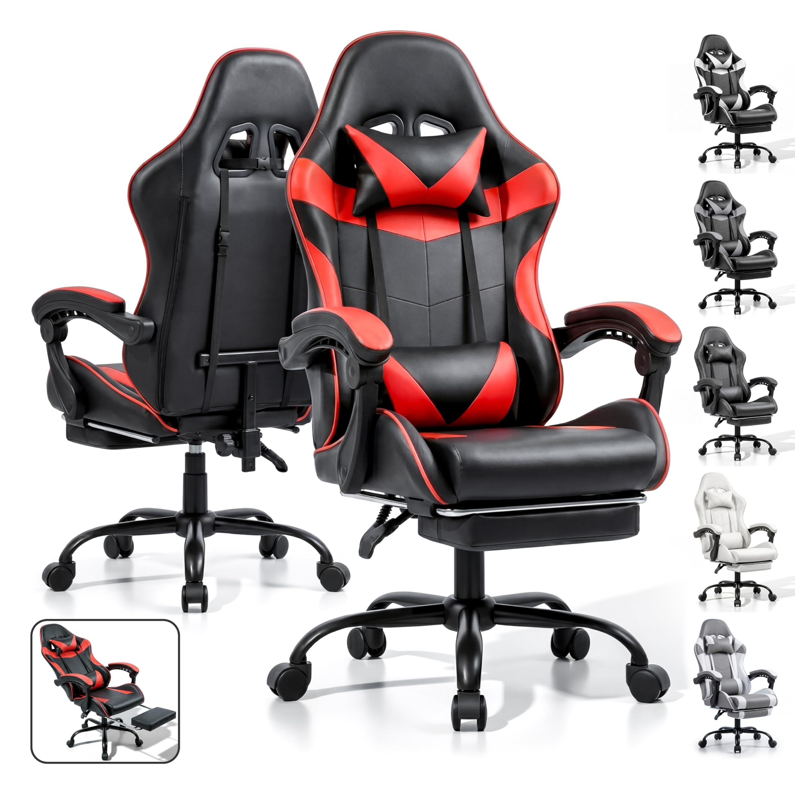 Gaming Chair, Ergonomic Computer Chair with Footrest and Lumbar Support, Height Adjustable Office Chair with 360° Swivel Seat and Headrest (Red & Black)
