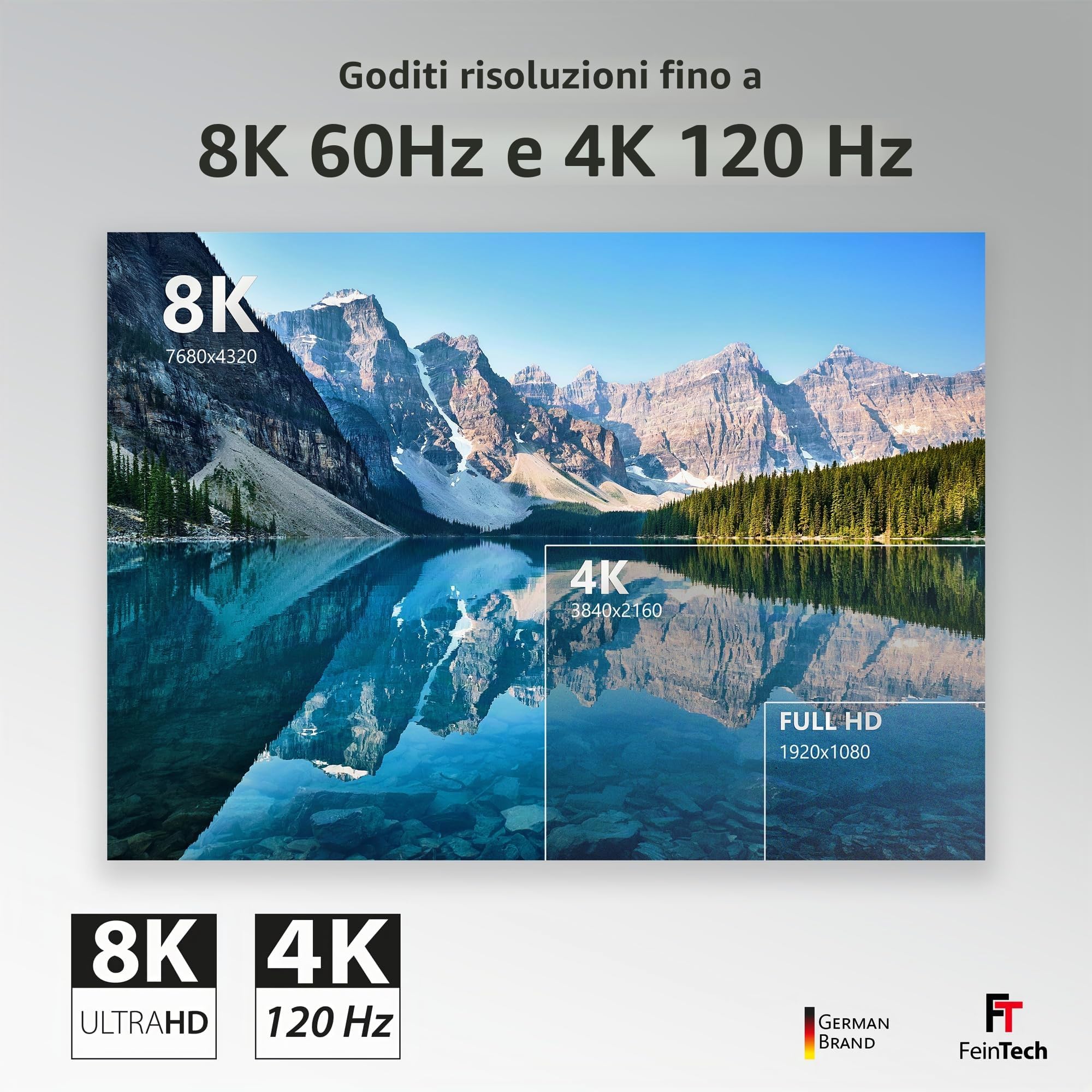 FeinTech Cavo in fibra ottica 8K HDMI 10m, 4K 120Hz, 1440p 144Hz per HDMI 2.1 Gaming, cavo HDMI PS5 Xbox PC TV, 48Gbps, supporta CEC, VRR, HDR, Dolby Atmos, 3D, VMI90100