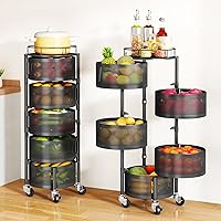 SAYZH 5-Tier Rotating Fruit Vegetable Basket Kitchen Storage Cart, Metal Rolling Rack with Swivel Wheels & Lid, Black