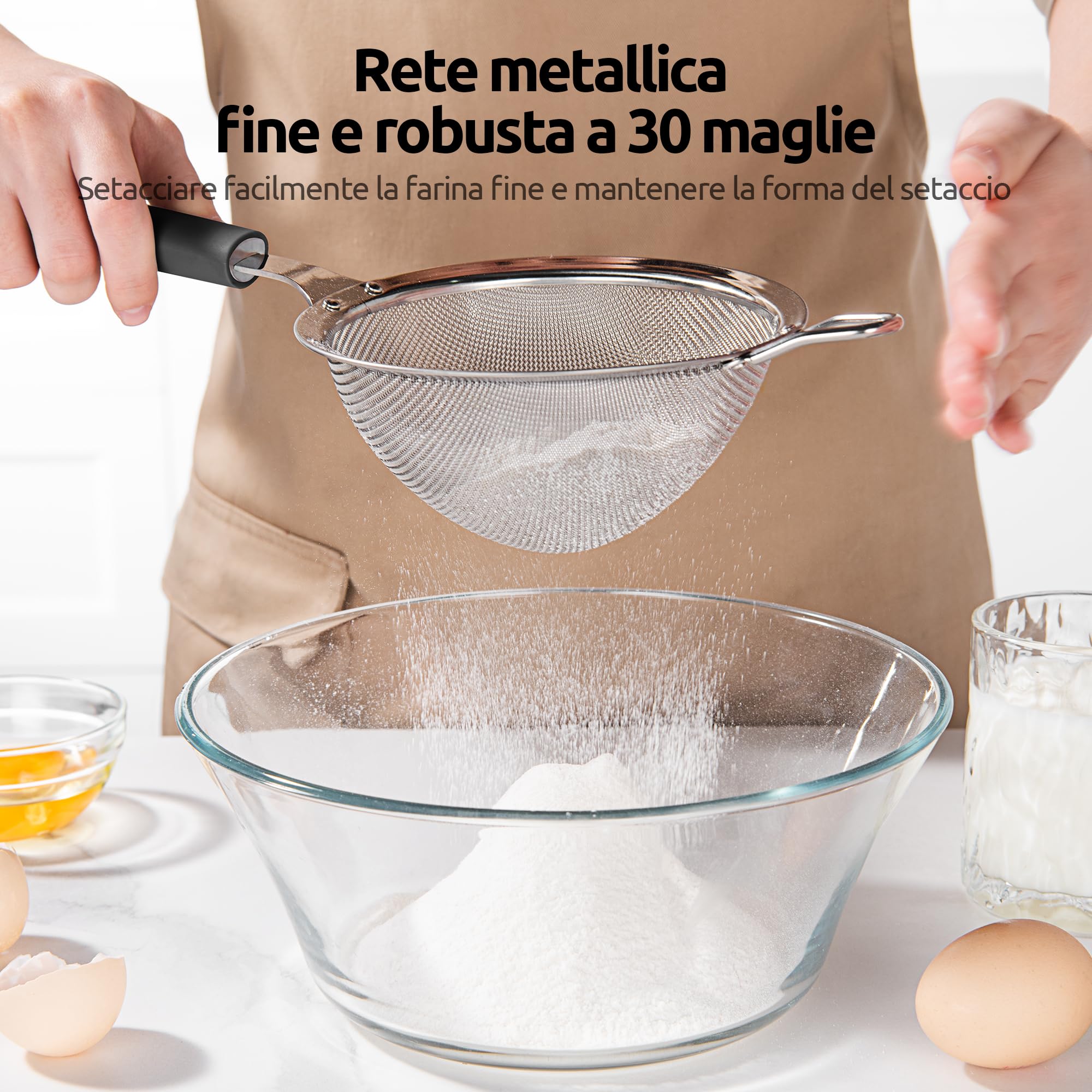 U-Taste Setaccio a Maglia Fine: Colino da Cucina in Acciaio Inossidabile 18/8 da 12 cm con Manico in Silicone Robusto Rivettato per Setacciare la Farina, Filtrare il Tè Riso Quinoa (Nero)