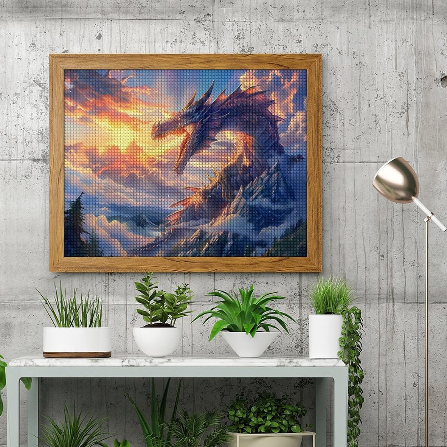 Dragon Breathing Fire Printed Diamond 5D Painting Kits DIY Full Drill Crafts for Home Wall Decor 16x20 Inch Yellow Wood 50 * 40cm