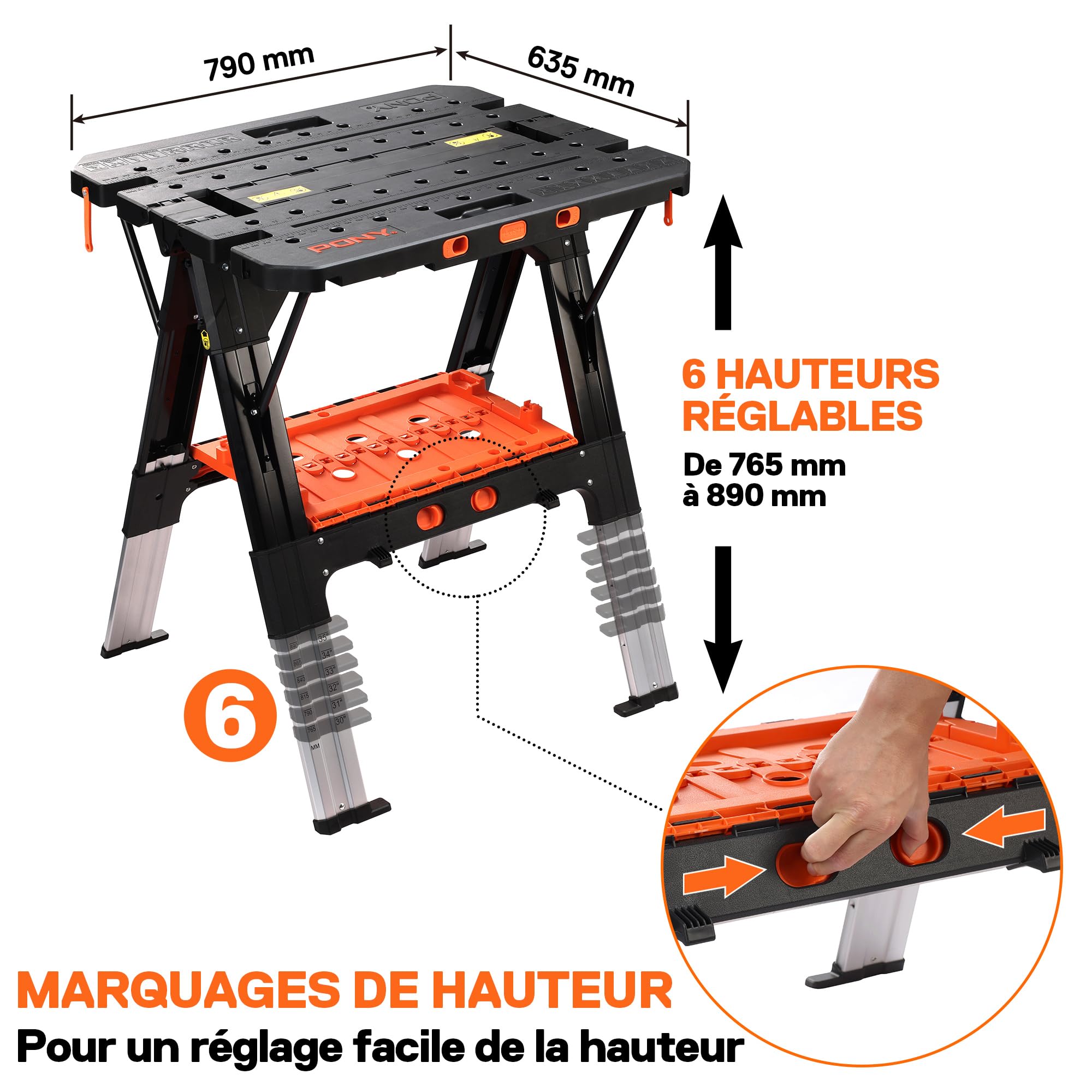 PONY Établi de Serrage 2 en 1, Établi Pliant avec 4 Serre-Joints, Chevalet de Sciage et Table de Travail, Capacité de Charge Jusqu’à 454 kg / 227 kg, Pieds en Aluminium pour Une Stabilité Optimale