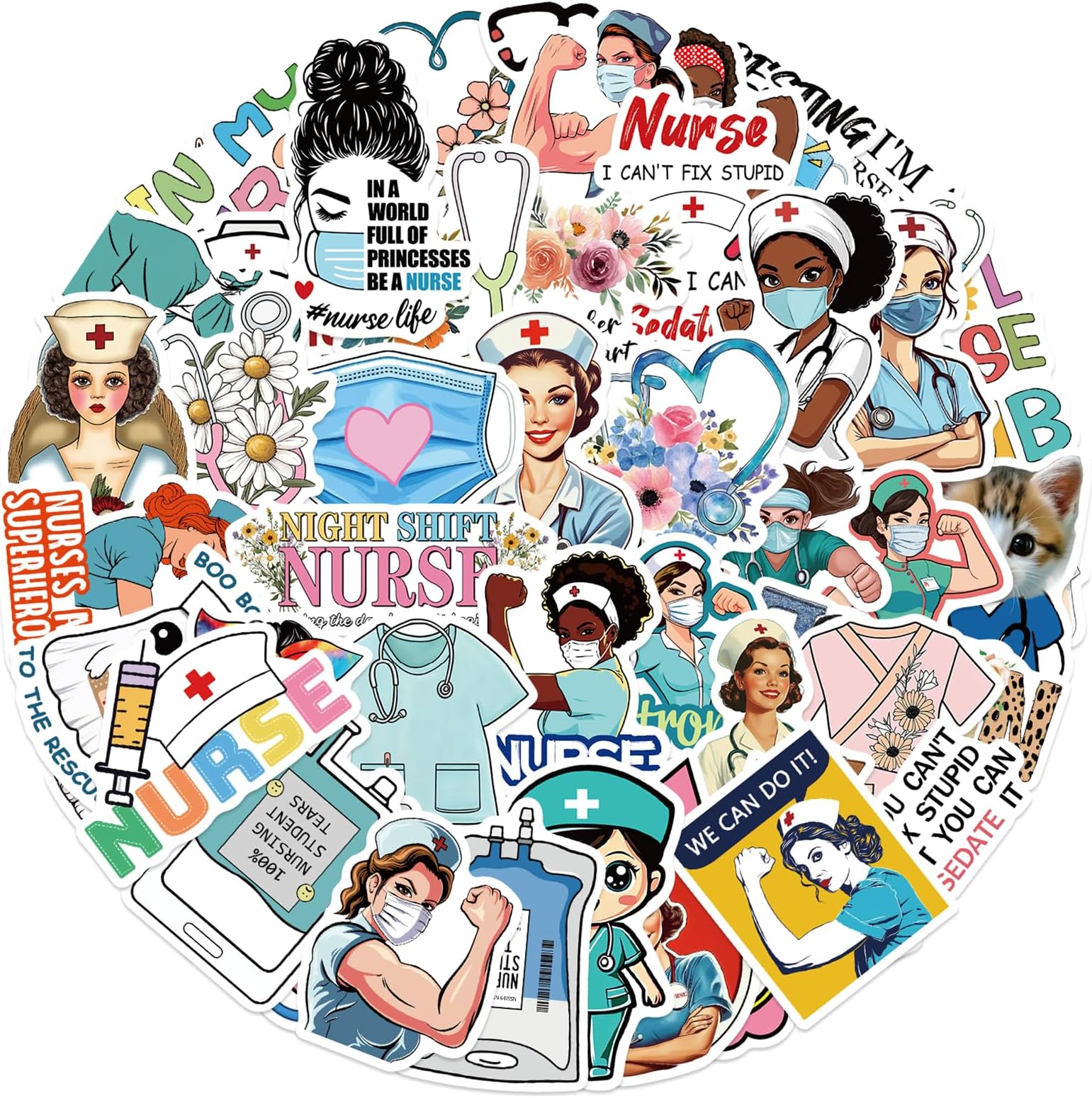52 Piece Doctor Nurse Stickers - Medical Science Equipment, Human Body Anatomy, Waterproof PVC, Kind Graffiti Decals for Water Bottles, Laptops, Phones, Skateboards