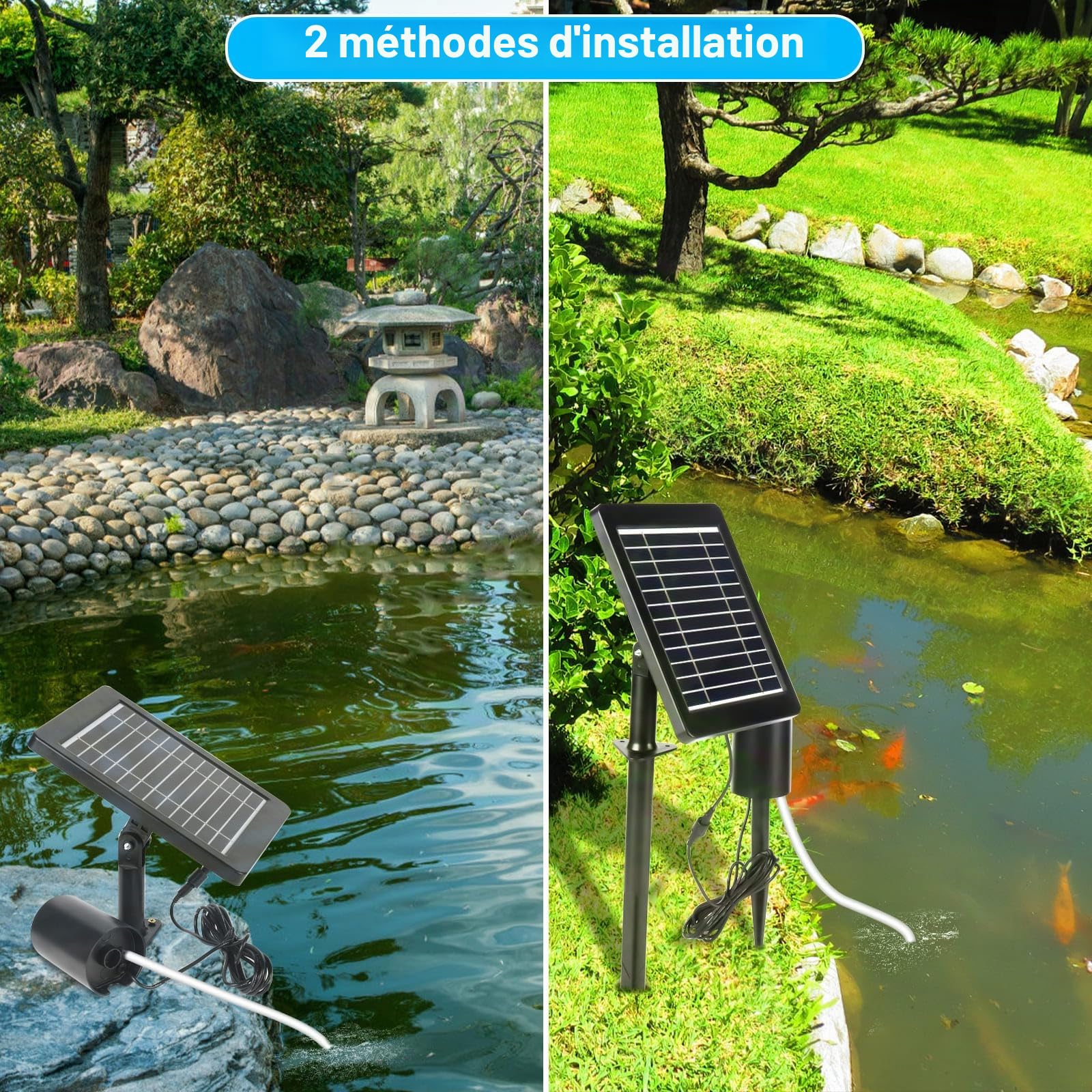 Weinsamkeit Pompe Solaire pour Bassin, 4W Pompe Bassin Solaire avec Batterie 2200mAh, 3 Mode, Pompe a Air Bassin avec Tube à Oxygène et 2 Pierre à Bulles d'air