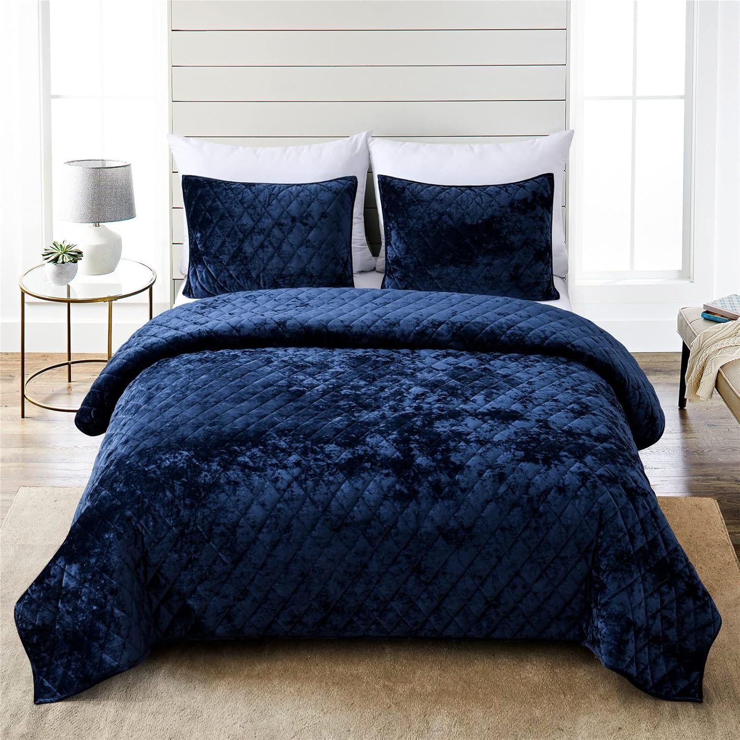 Fredsure Distressed Velvet Quilt Set, 3 Pieces Navy King, Distressed Velvet Face and Brushed Microfiber Reverse with Diamond Quilting