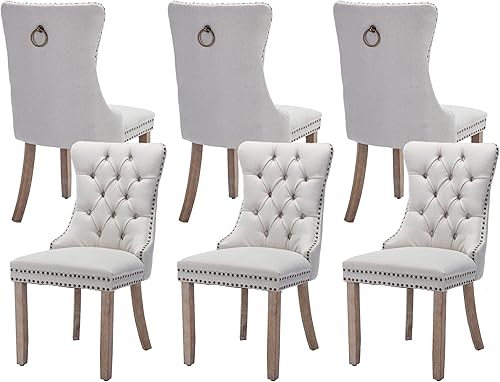 Miniatura 15 de Juego de 4 sillas de comedor de terciopelo, sillas de comedor tapizadas con ribete de cabeza de clavo, patas de madera, anillo de tracción, sillas