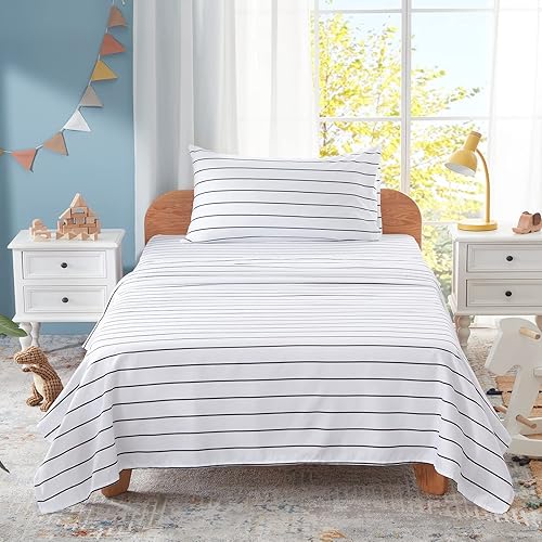 Homiest Juego de sábanas de 4 piezas, color blanco y negro, tamaño matrimonial, juego de ropa de cama suave a rayas horizontales, con bolsillo