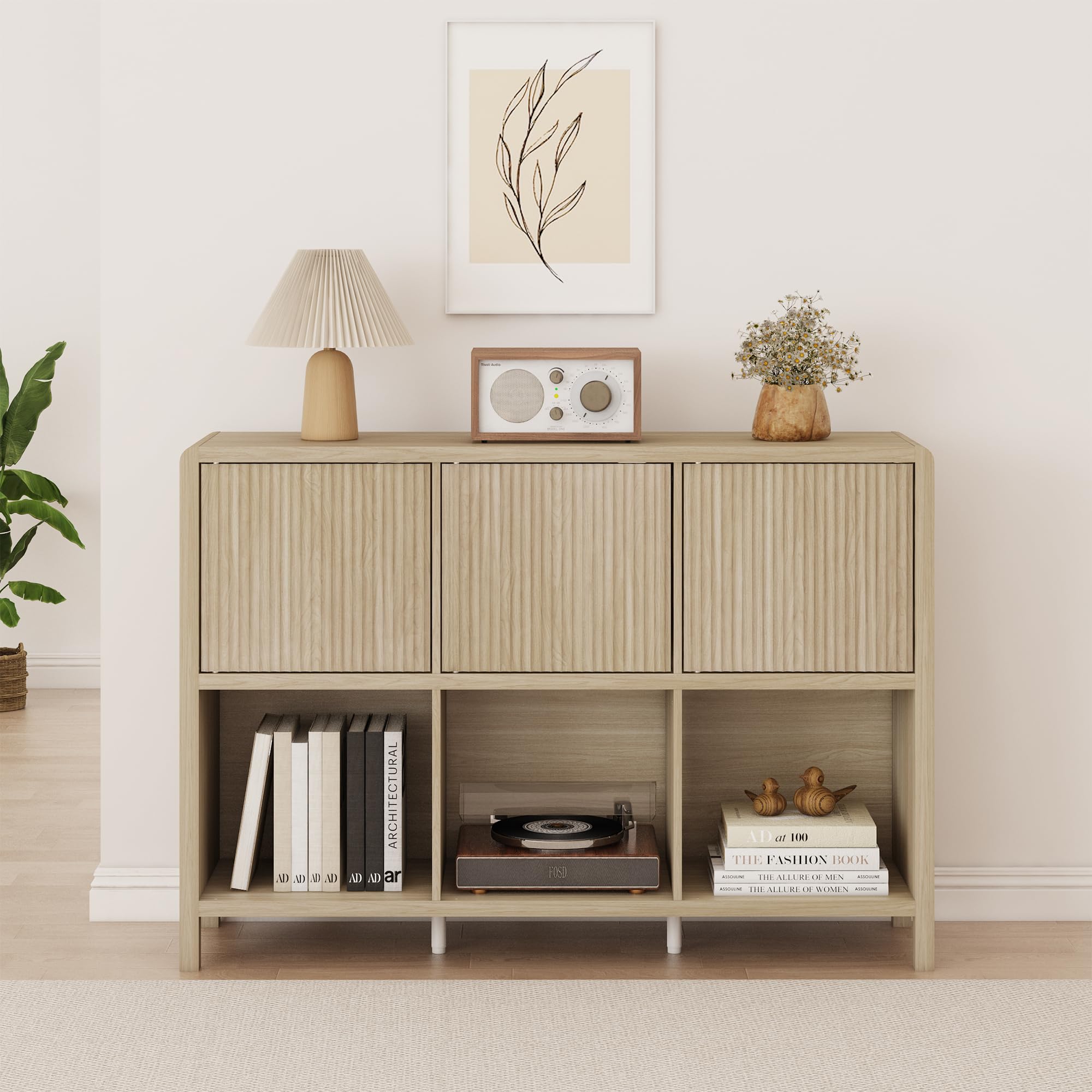 [en.casa] Sideboard Lukkodso Wohnzimmerschrank mit 3 Türen Push-to-Open Kommode mit 6 Fächern 77 x 110 x 30 cm Eicheoptik