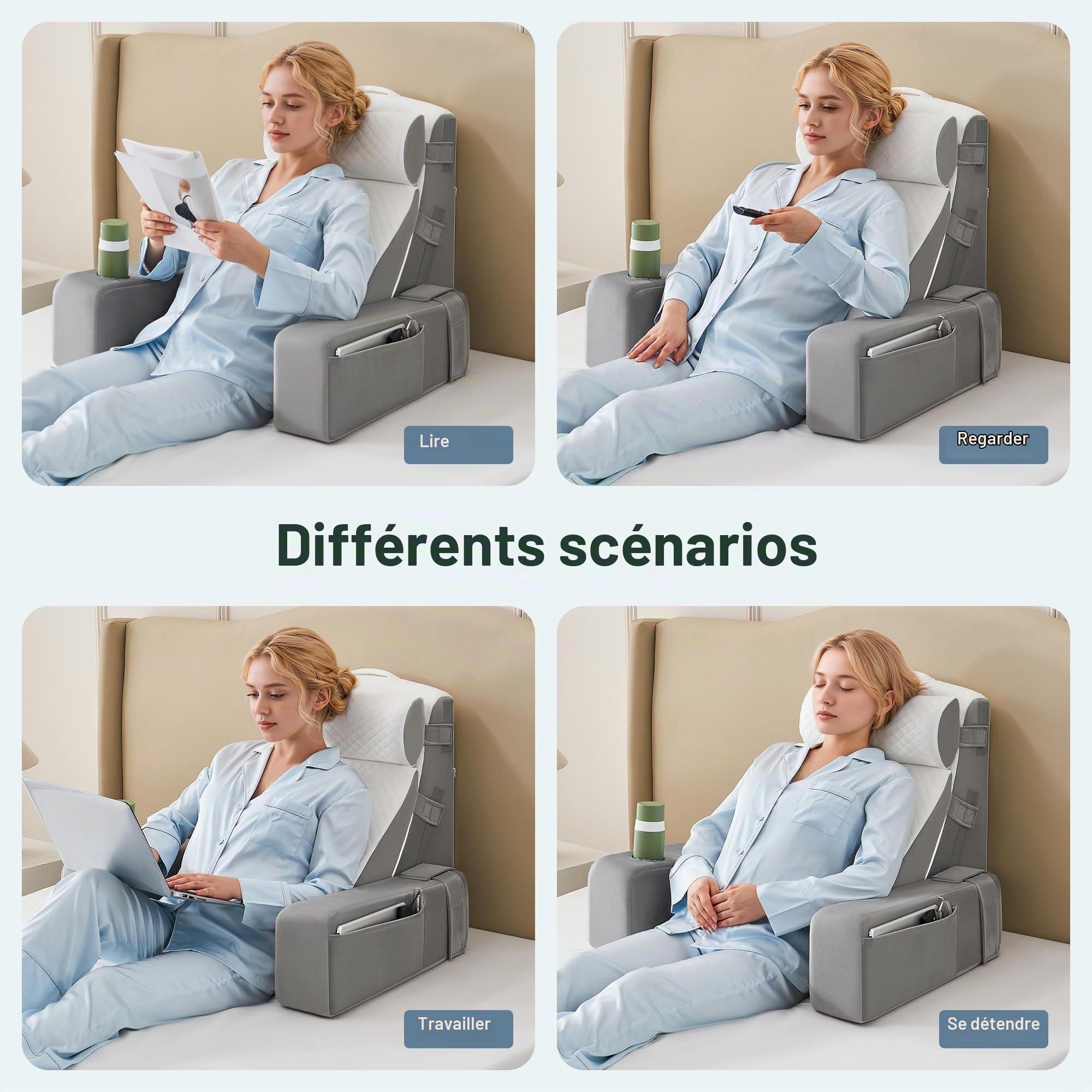 Lot de 5 coussins de lecture pour lit et canapé, coussin de livre avec traversin et accoudoirs amovibles, coussin de dossier de lit, coussin mural multifonction pour lire, travailler, lit