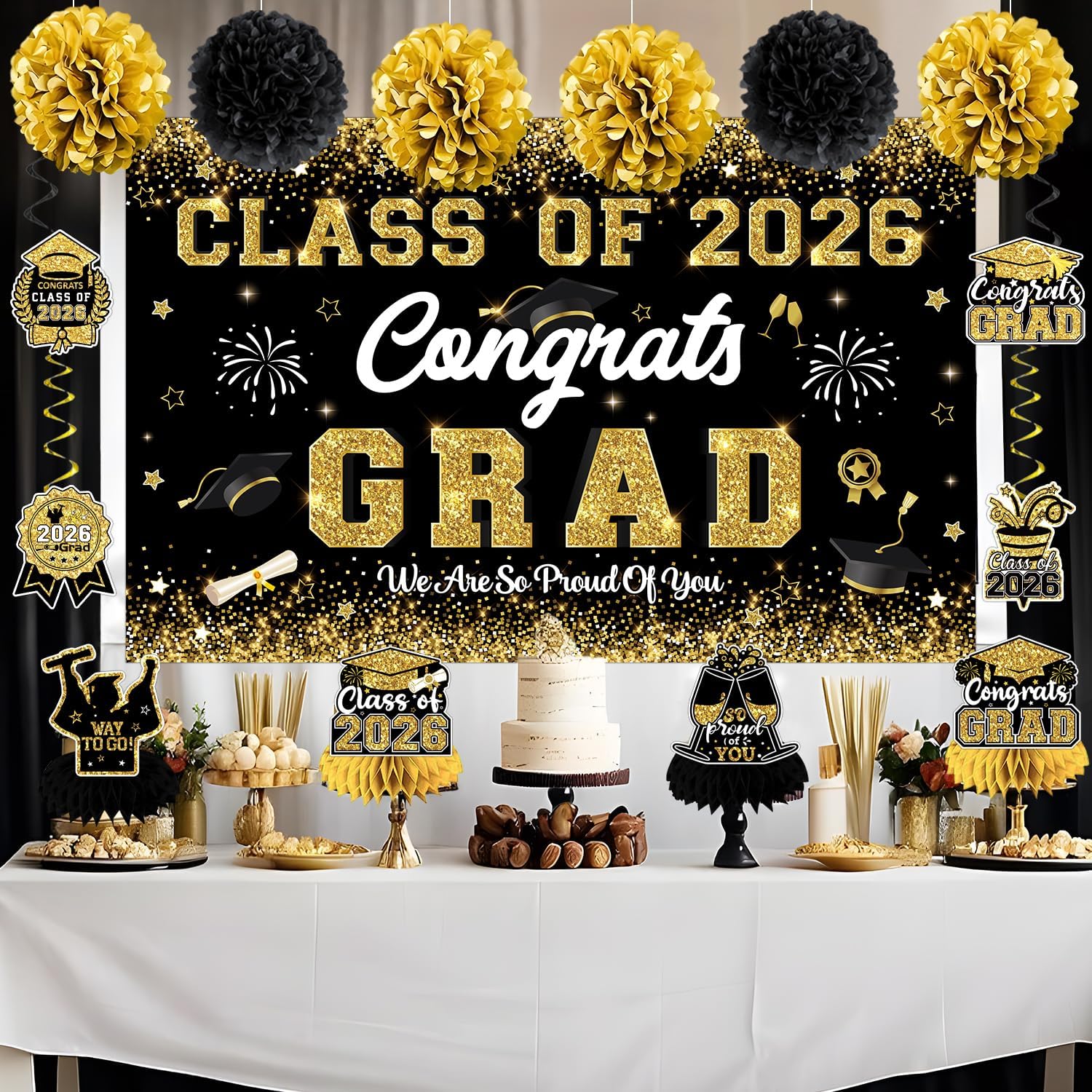Black and Gold Graduation Decorations 2026 Congrats Grad Class of 2026 Banner, Backdrop, Hanging Swirls, Pom Poms and Honeycomb Centerpieces for High School College Graduation Party Decorations