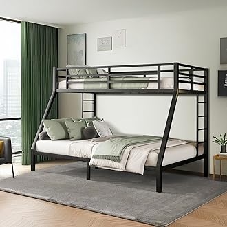 Full XL Over Queen Bunk Bed, Metal Bunk Bed Frame Heavy Duty Bunk Beds Loft Bed Frame with Ladder and Guardrail Metal Slats No Box Spring Required for Adults Teens, Full XL Over Queen Size