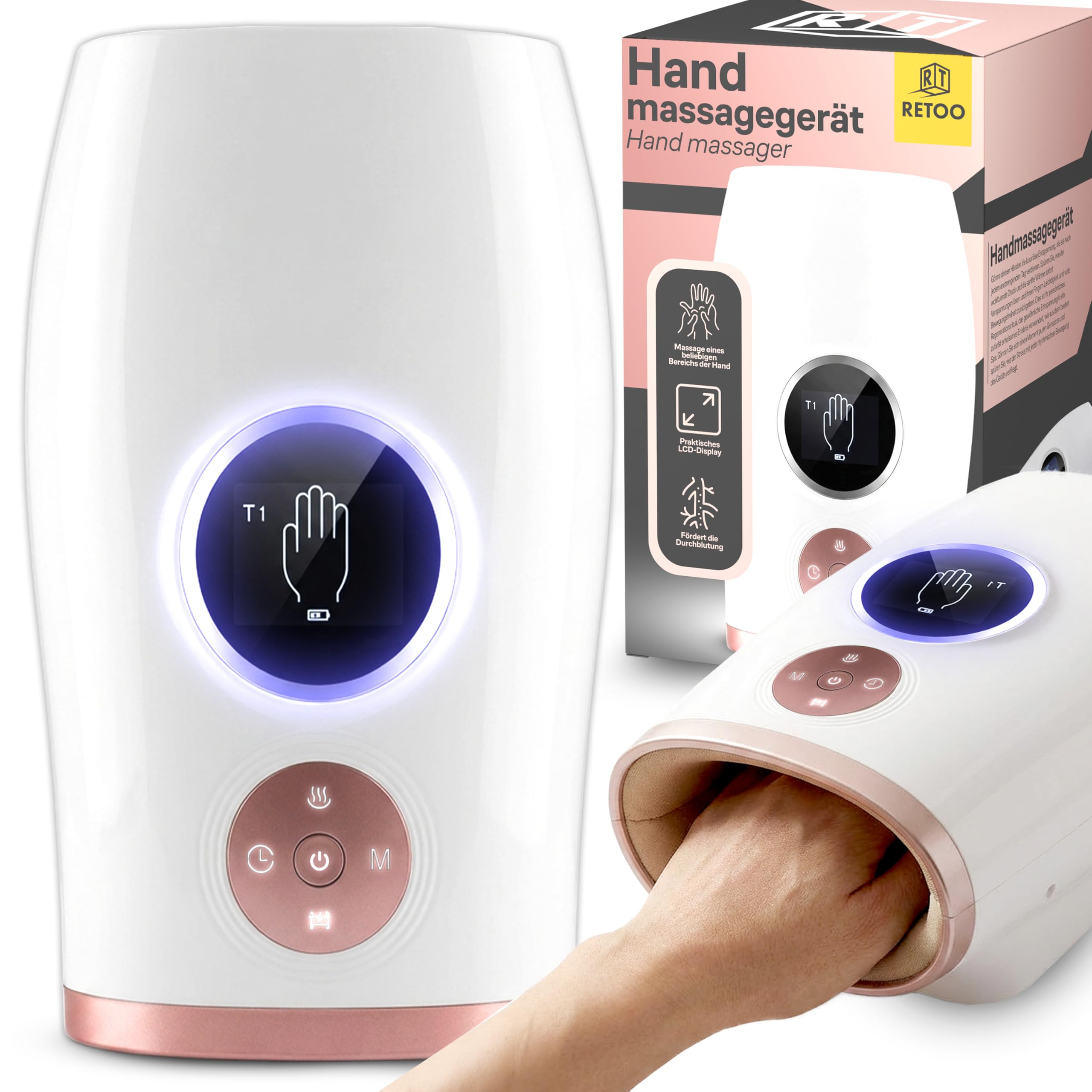 Retoo Elektrisches Handmassagegerät mit Wärme und Kompression – 3 Modi, LCD-Display, kabelloses Massagegerät für Finger, Handfläche & Handgelenk, Arthritis, Karpaltunnelsyndrom, USB Akku
