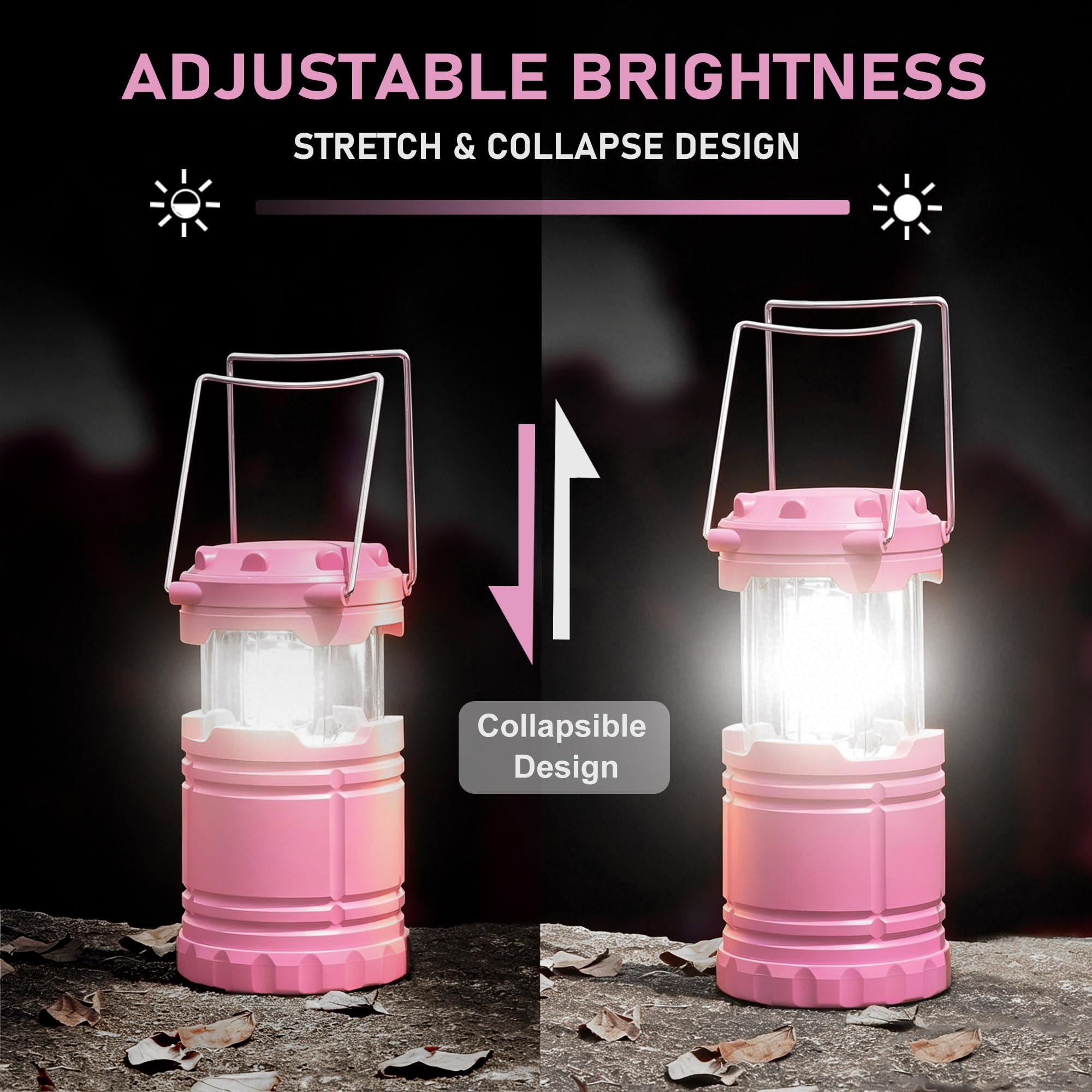 Linterna LED rosa para camping, luces de emergencia esenciales para cortes de energía, senderismo, huracán