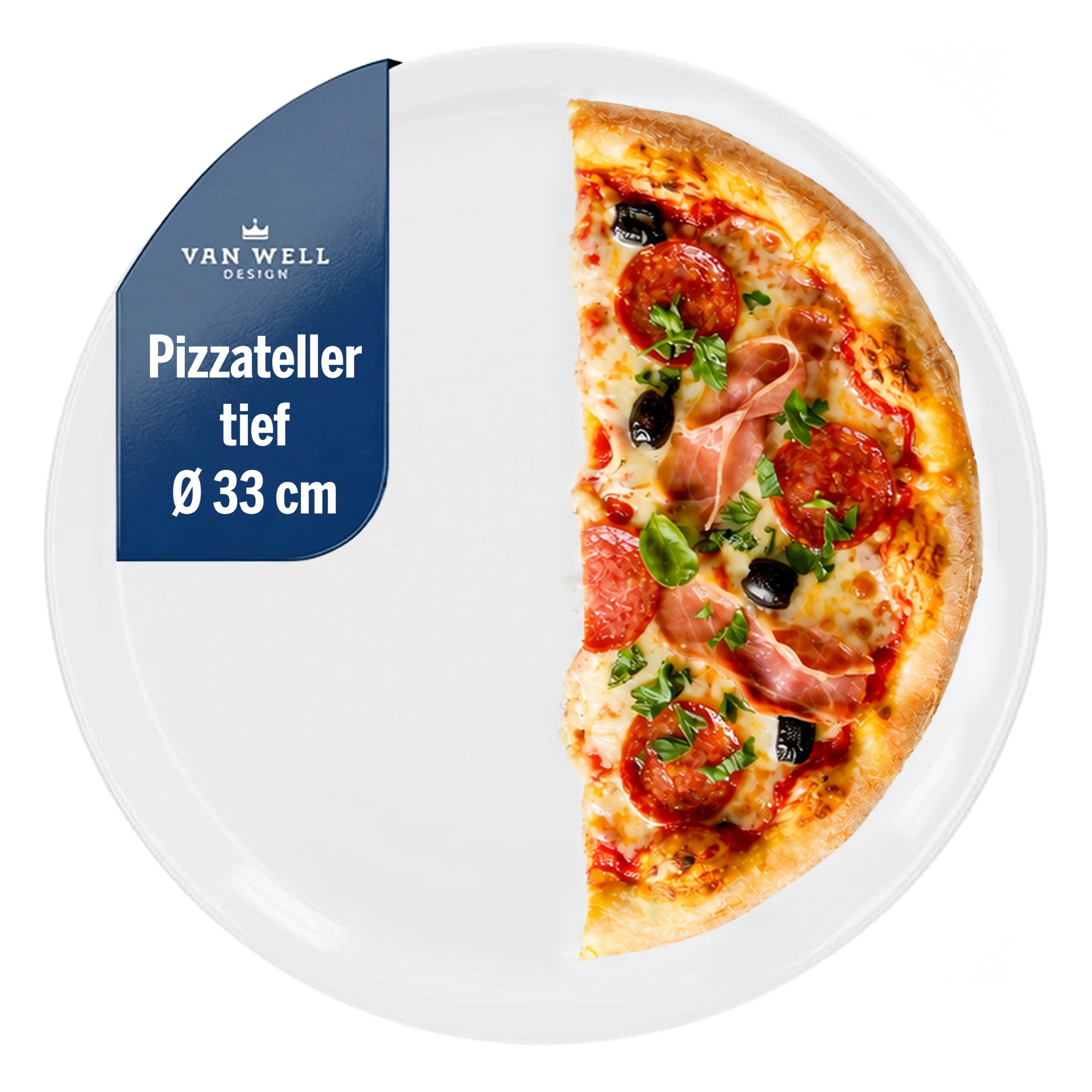 Van Well italienischer Pizzateller groß ø 33cm weiß – Porzellan XL Teller für Pizza & Pasta – Mikrowellen geeignet, spülmaschinenfest, gut stapelbar – Gastronomie- und zu Hause Geschirr