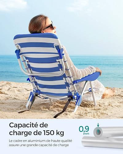 SONGMICS Chaise de Plage, Chaise Camping Pliante, avec Bandoulière, Dossier Réglable, Appui-tête, Accoudoir, 2 Pochettes Latérales, Bleu et Blanc GCB62BU - 6