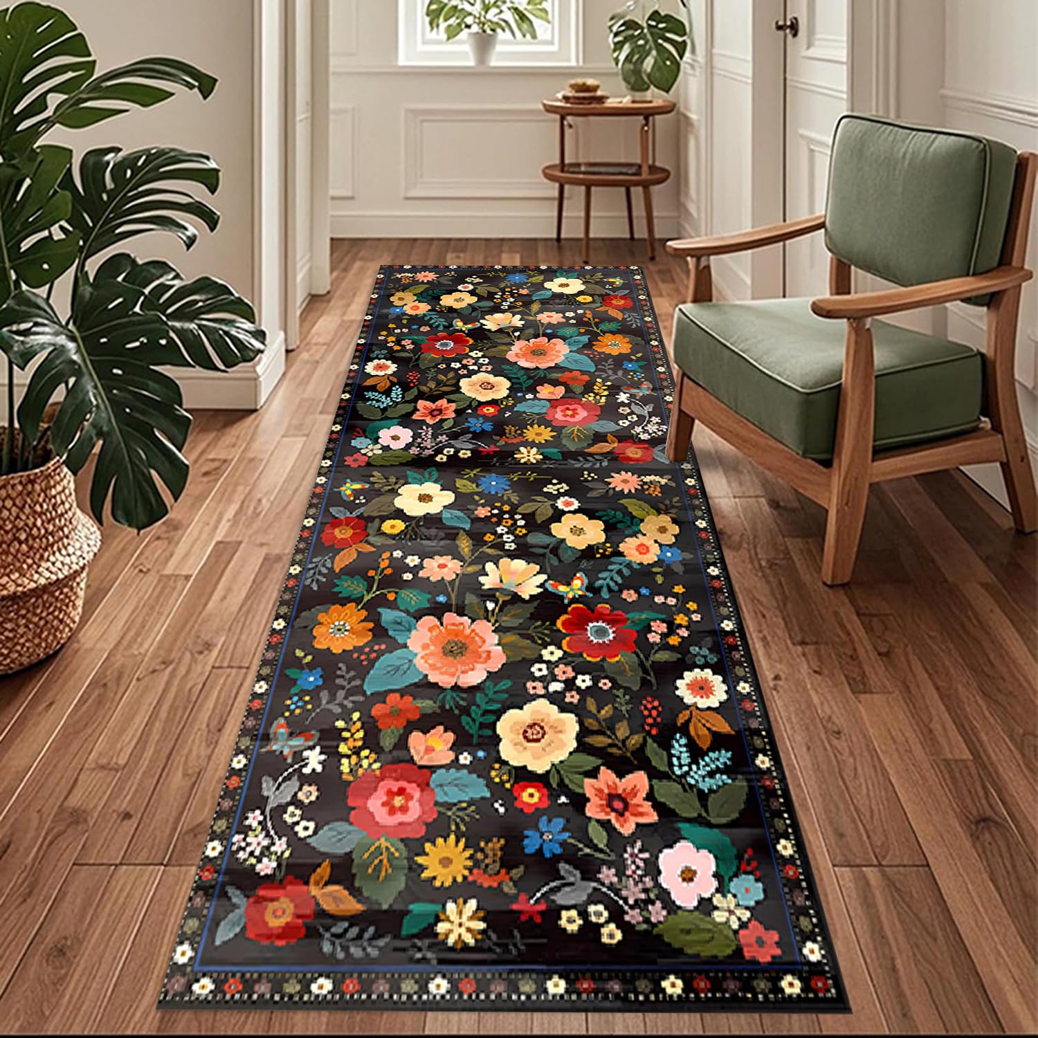 Tapis de couloir noir 80x200cm à motif floral 3D antidérapant et lavable