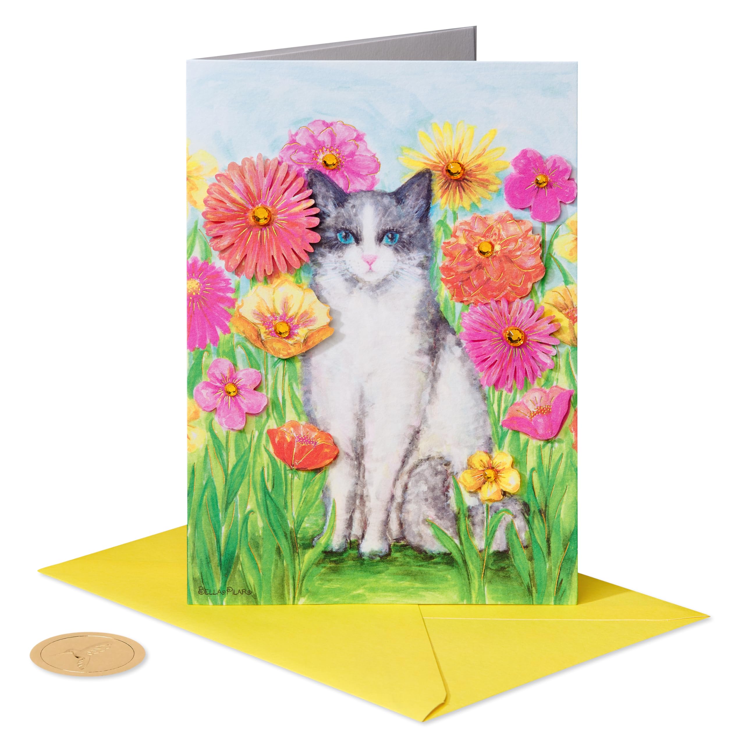 Papyrus Biglietto Auguri Compleanno Gatto Bianco – Design Bella Pilar Con Fiori, Gemme E Lamina – Busta Floreale Inclusa - 2