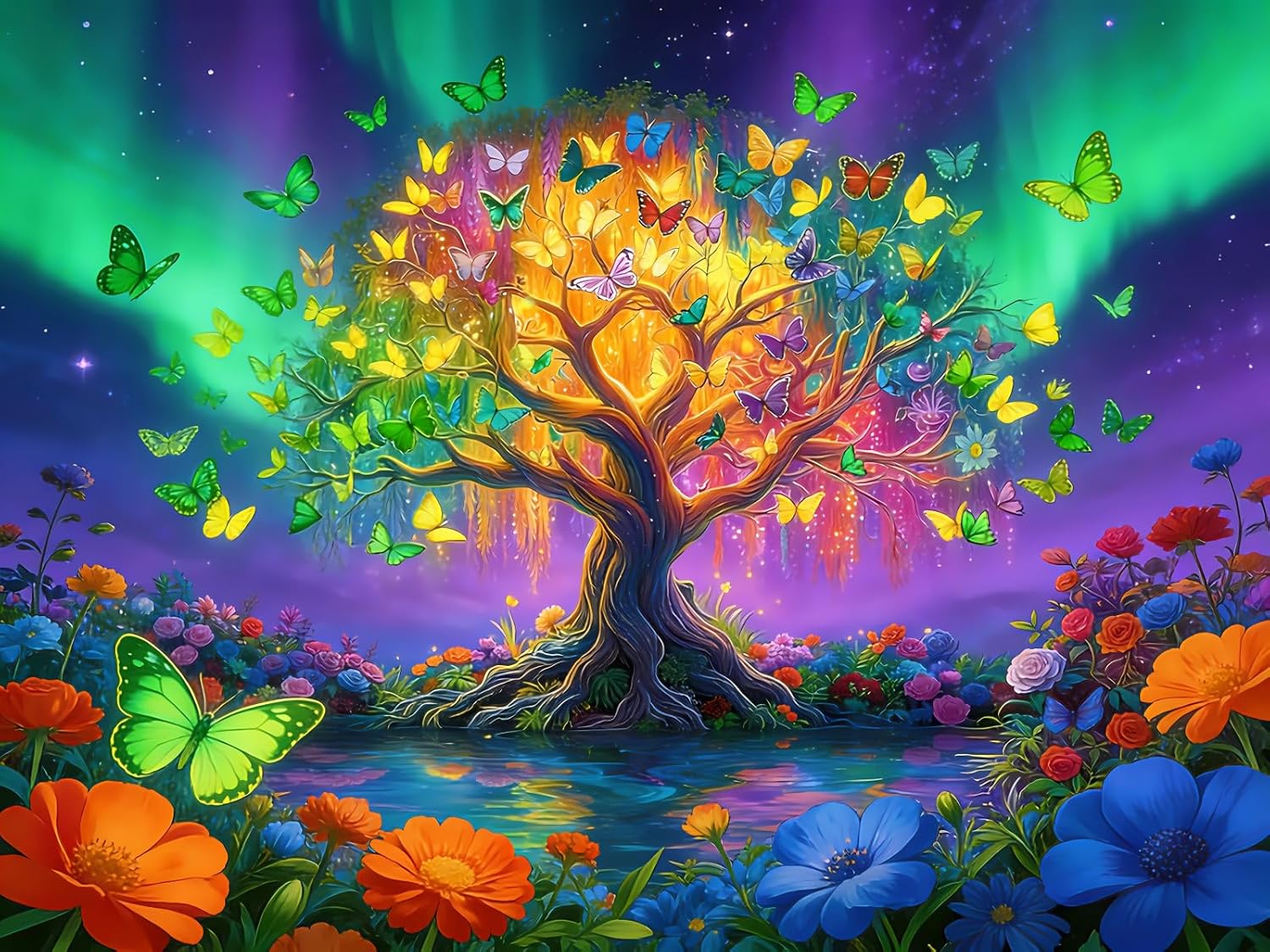 Tree of Life Puzzles for Adults 500 Pieces, Colorful Butterfly Aurora Tree Jigsaw Puzzle with Letters on Back, 21x15 Inch for Family Game Night, Puzzle Gift for Puzzle Lovers