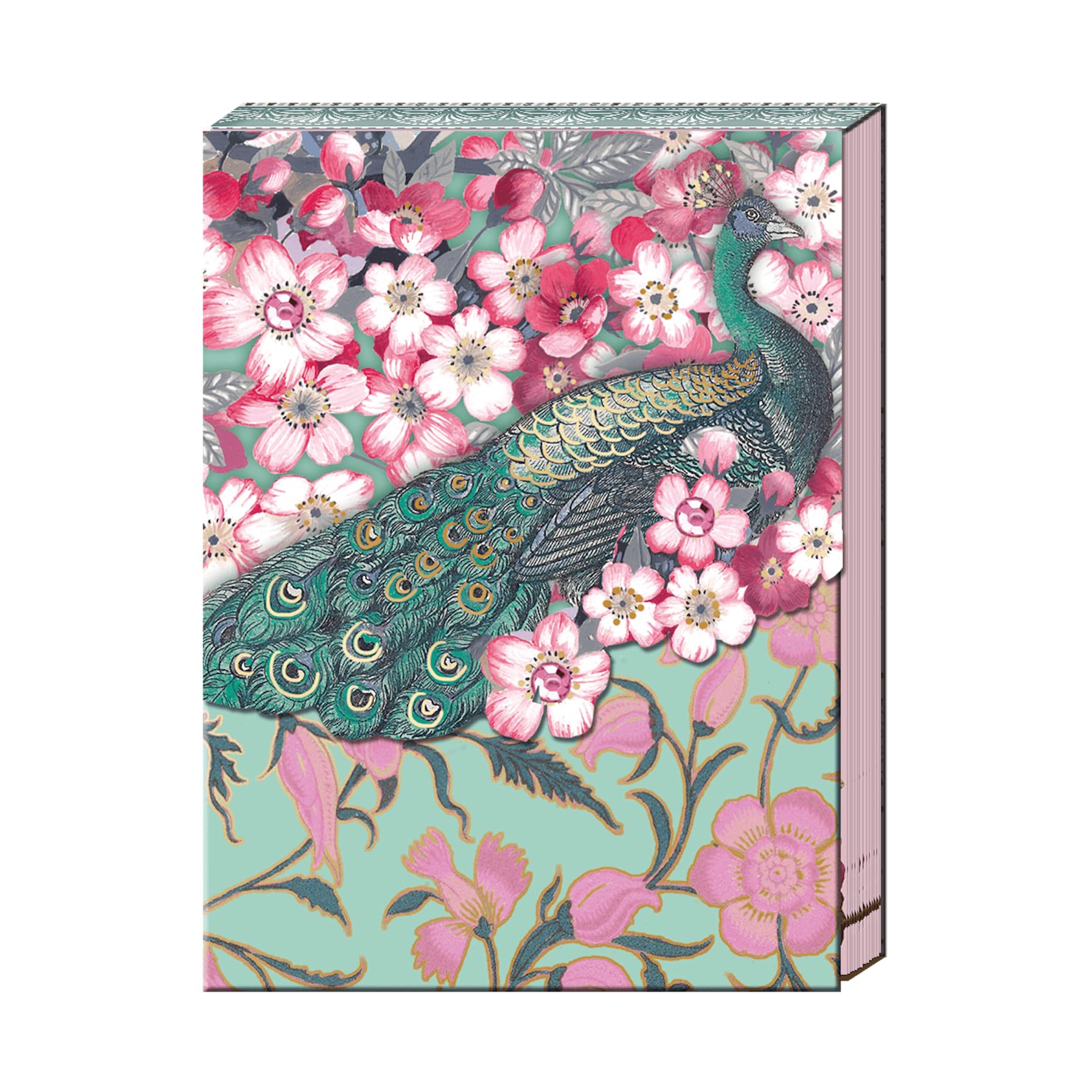 Punch Studio Flip-Top Notepad w/ 75 Sheets, 3" x 4", Cherry Blossom Peacock
