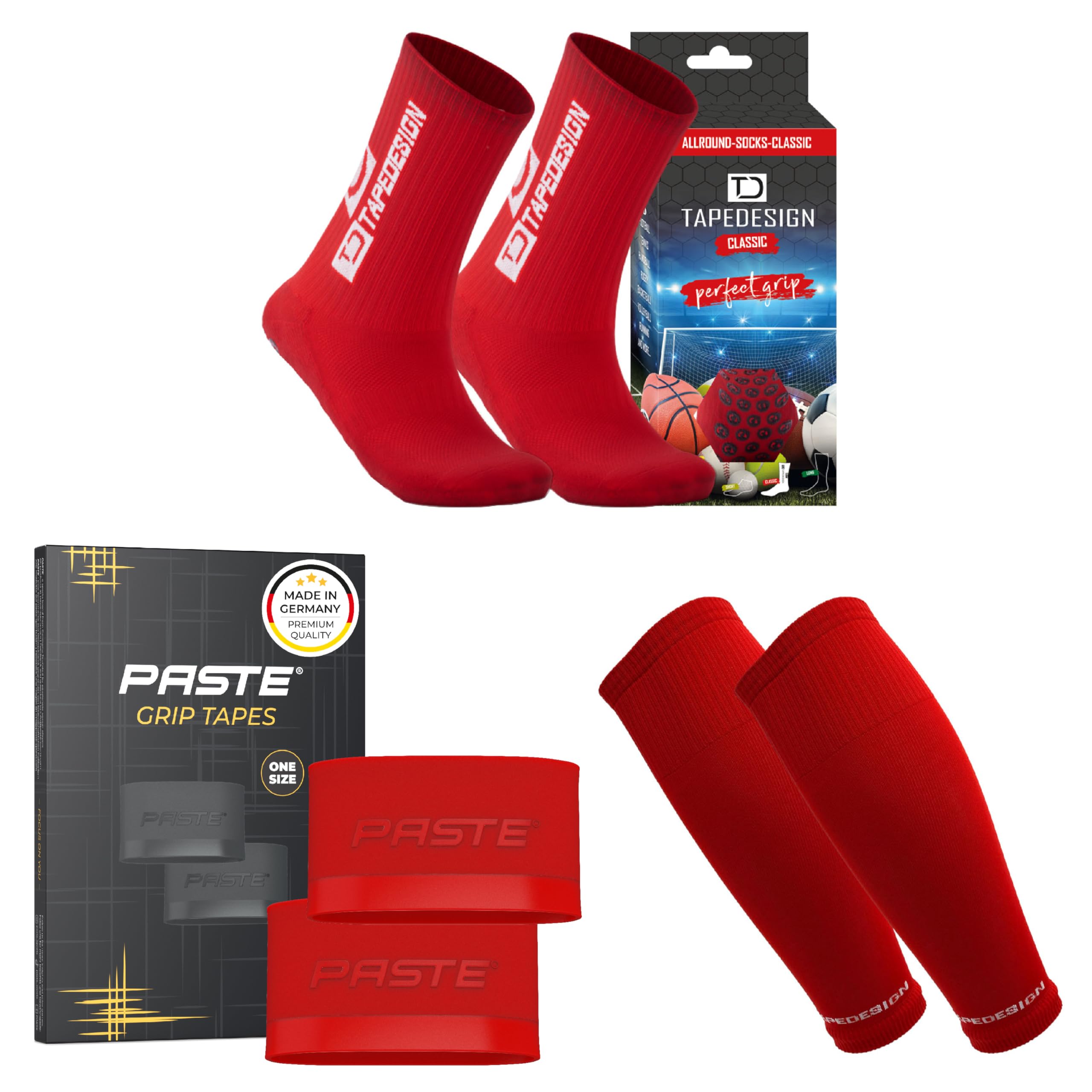 PASTE - Set di 3 calzini da calcio TAPEDESIGN (Classic), supporto per parastinchi (rosso) – Calzini sportivi e calcio da uomo con supporto parastinchi (grip tapes) e calzettoni da calcio