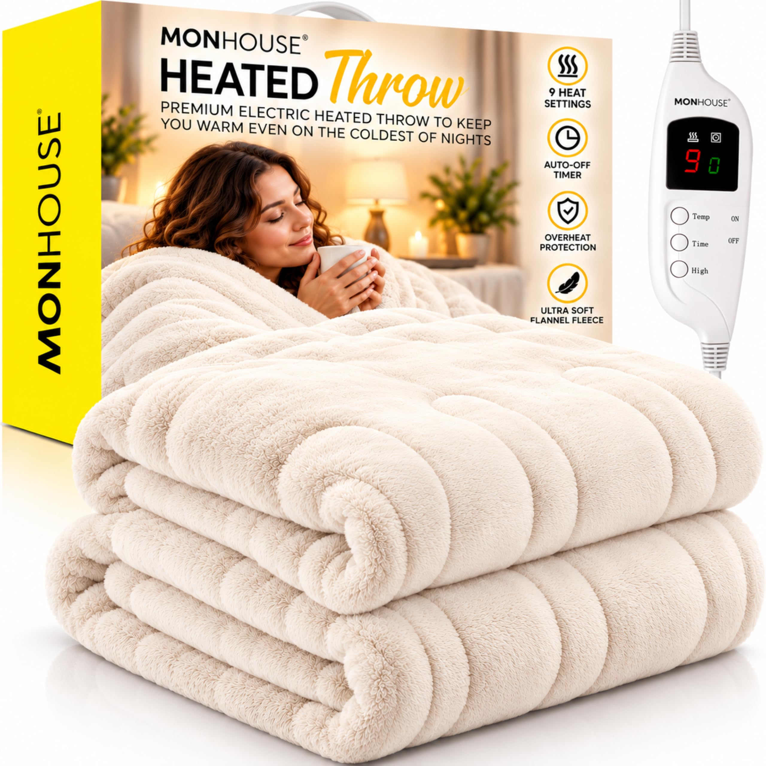 MONHOUSE 130X160 cm Soft Electric Sofa Blanket - Single Heated Throw With Digital Controller - Machine Washable Bed Throw, Timer up to 9 hours, 9 Heat Settings, Auto Shutoff - BEIGE