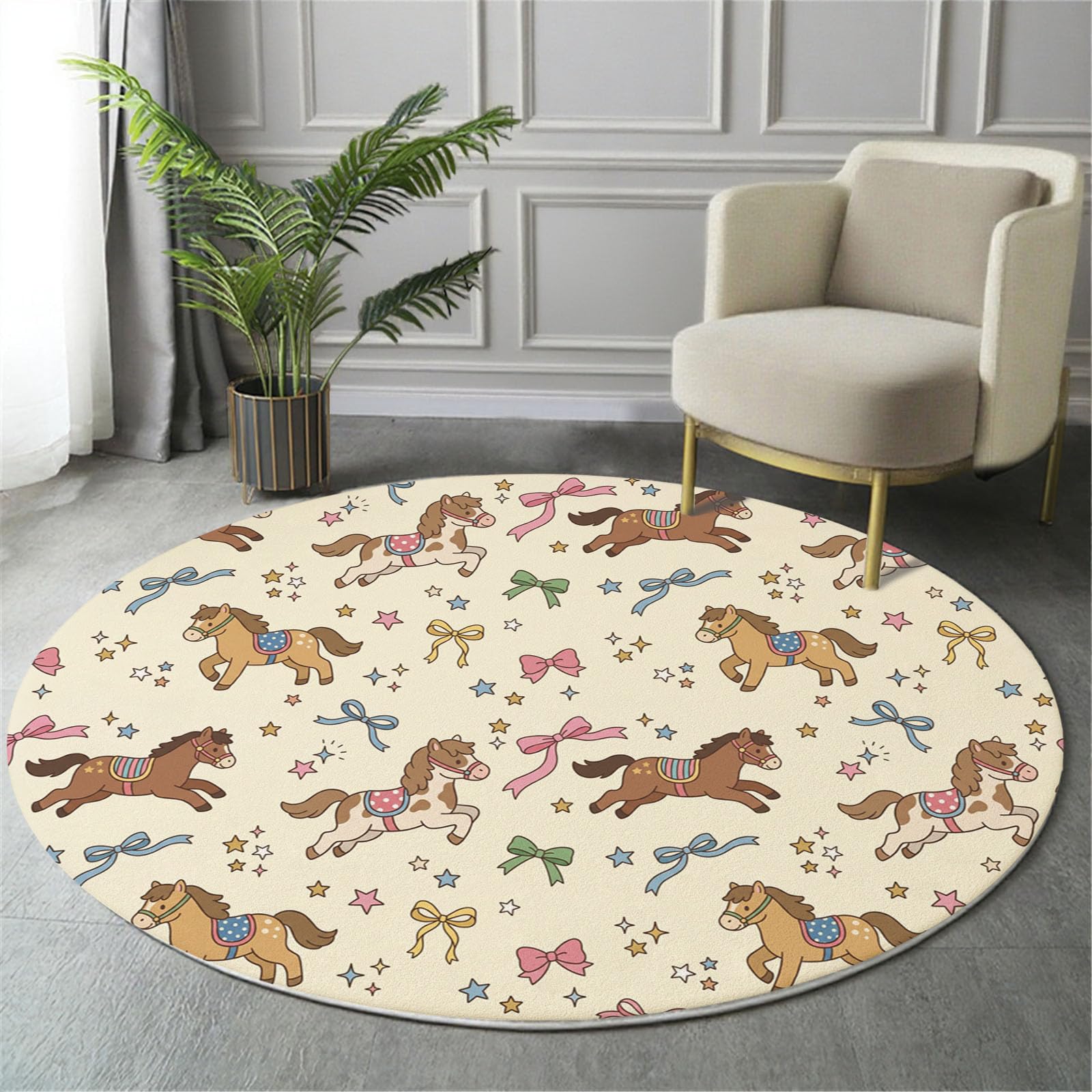 Tapis Rond Dessins Animés Mignons Animaux Beige Salon 100 Cm | Tapis Antidérapant Arc Cheval Ciel Étoilé Pour Chambre Enfant Salle Jeux Décoration, Moquette De Sol Poil Bas Lavable