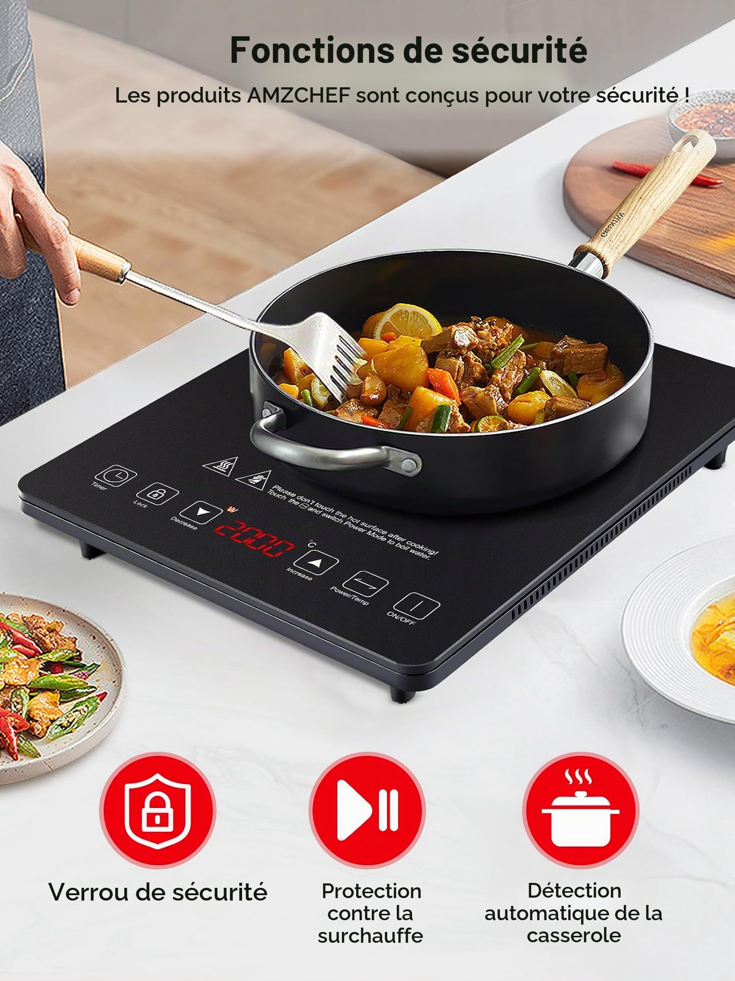 AMZCHEF plaque de cuisson à induction, plaque induction portable, de 2000 W avec corps mince, 20 niveaux de puissance, 20 réglages de température, serrures de sécurité, minuterie de 3 heures, noir