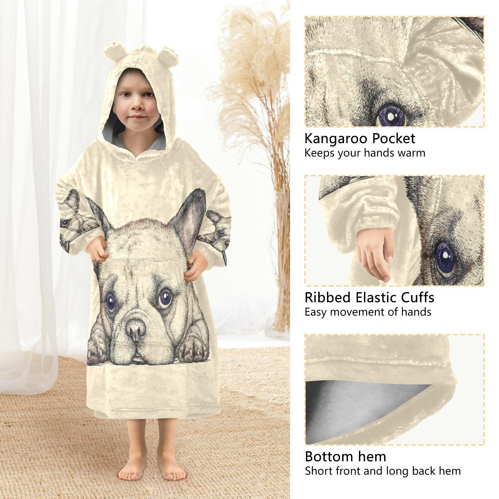 Oversized Blanket Hoodie for Kids Adult Girls Boys Fleece Hoodie Blanket Cute French Dog Bulldog Super Warm Plush Wearable Blanket Hoodie Sweatshirt with Roomy Pocket - Image 4