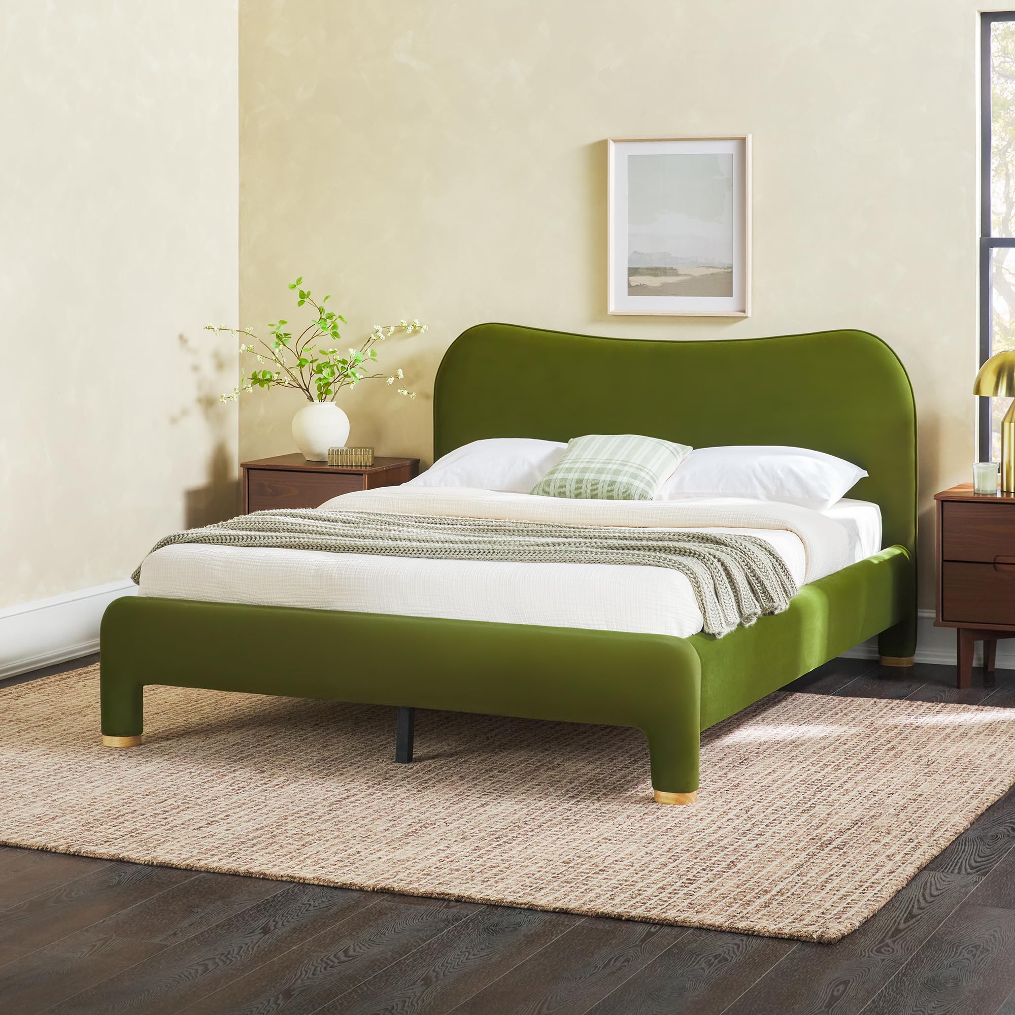 Walker Edison Chantelle Modern Curved Upholstered Queen Bed, Queen Size, Green Velvet