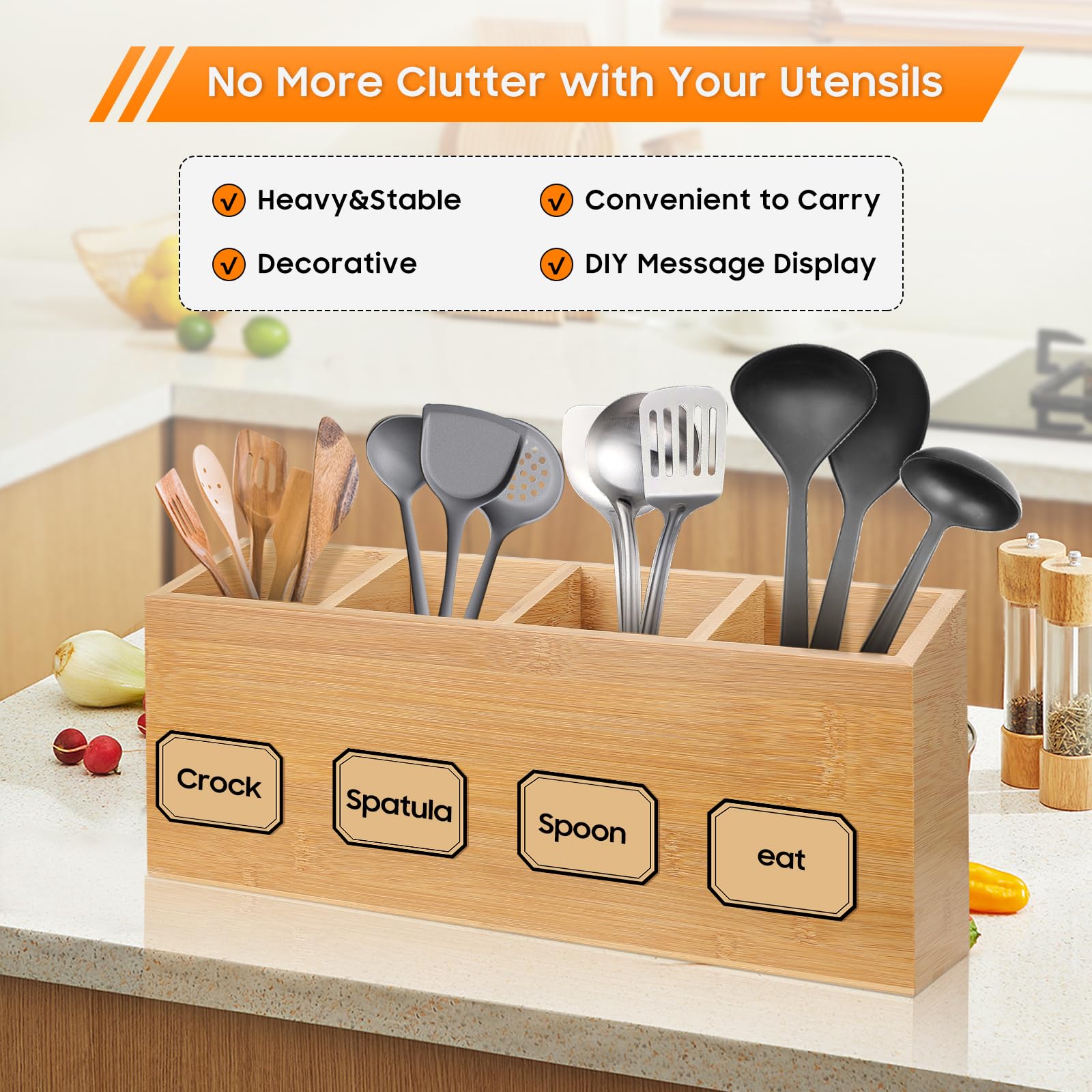 BambooZEN Large Utensils Holder with 4 Compartments, Bamboo Utensil Organizer for Kitchen Countertop, Farmhouse Kitchen Decor, Rustic Cooking Utensil with sticky notes