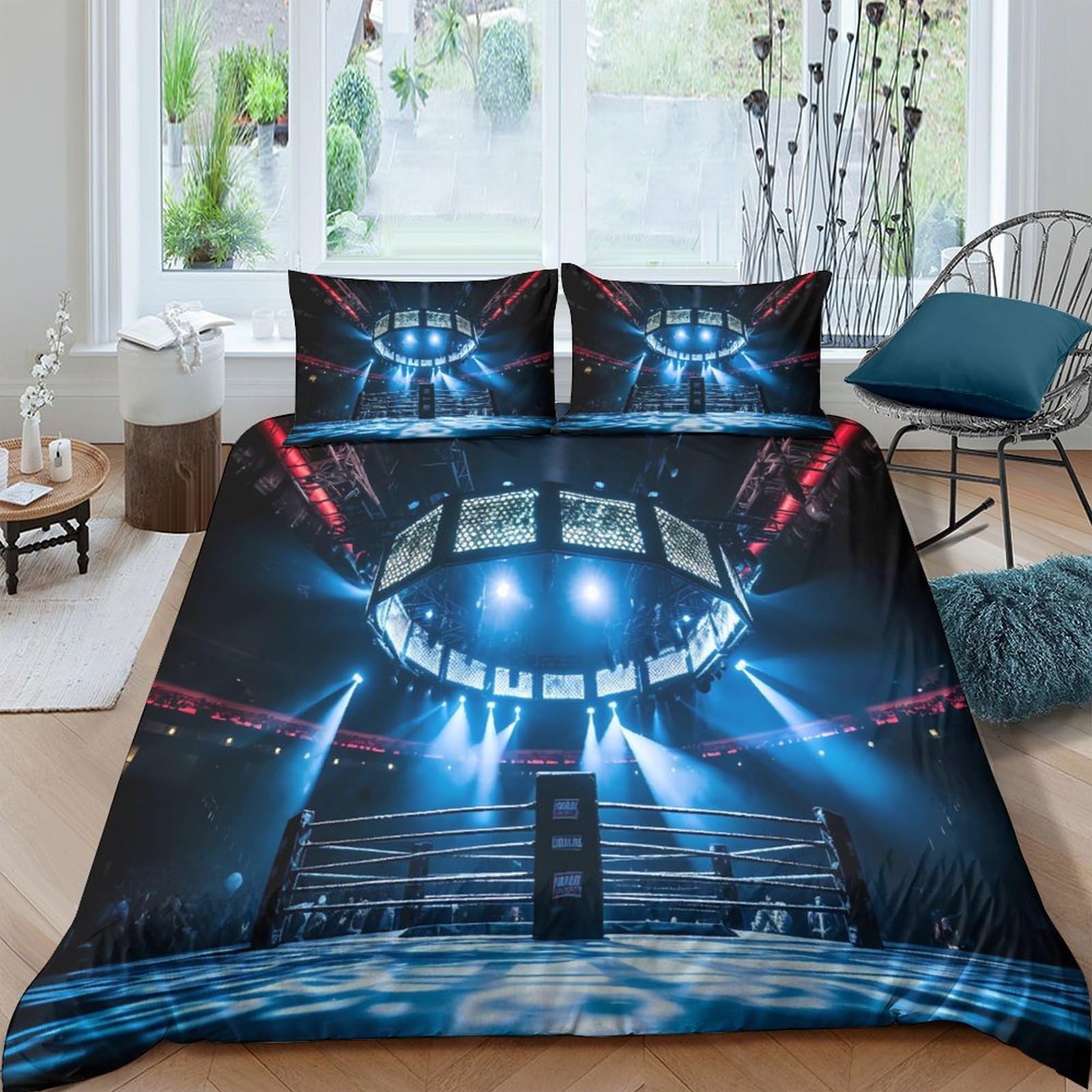 Ctjqhvkz Style-6 3D Printed Boxing Arena Fitted Sheet Microfiber Black Blue Stadium Bed Cover Anti-Slip Machine Washable Bedroom Decor Single（135X200cm）