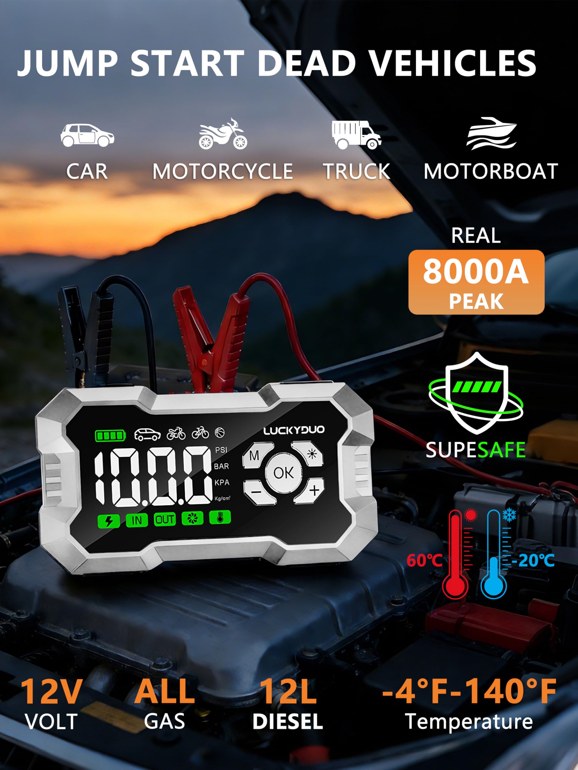 LUCKYDUO Arrancador 8000A con Compresor 160PSI, 20000mAh | Arrancador 2-en-1 con compresor 160PSI, 8000A, 4 modos, pantalla LED, 20000mAh, linterna LED 4 modos, kit completo