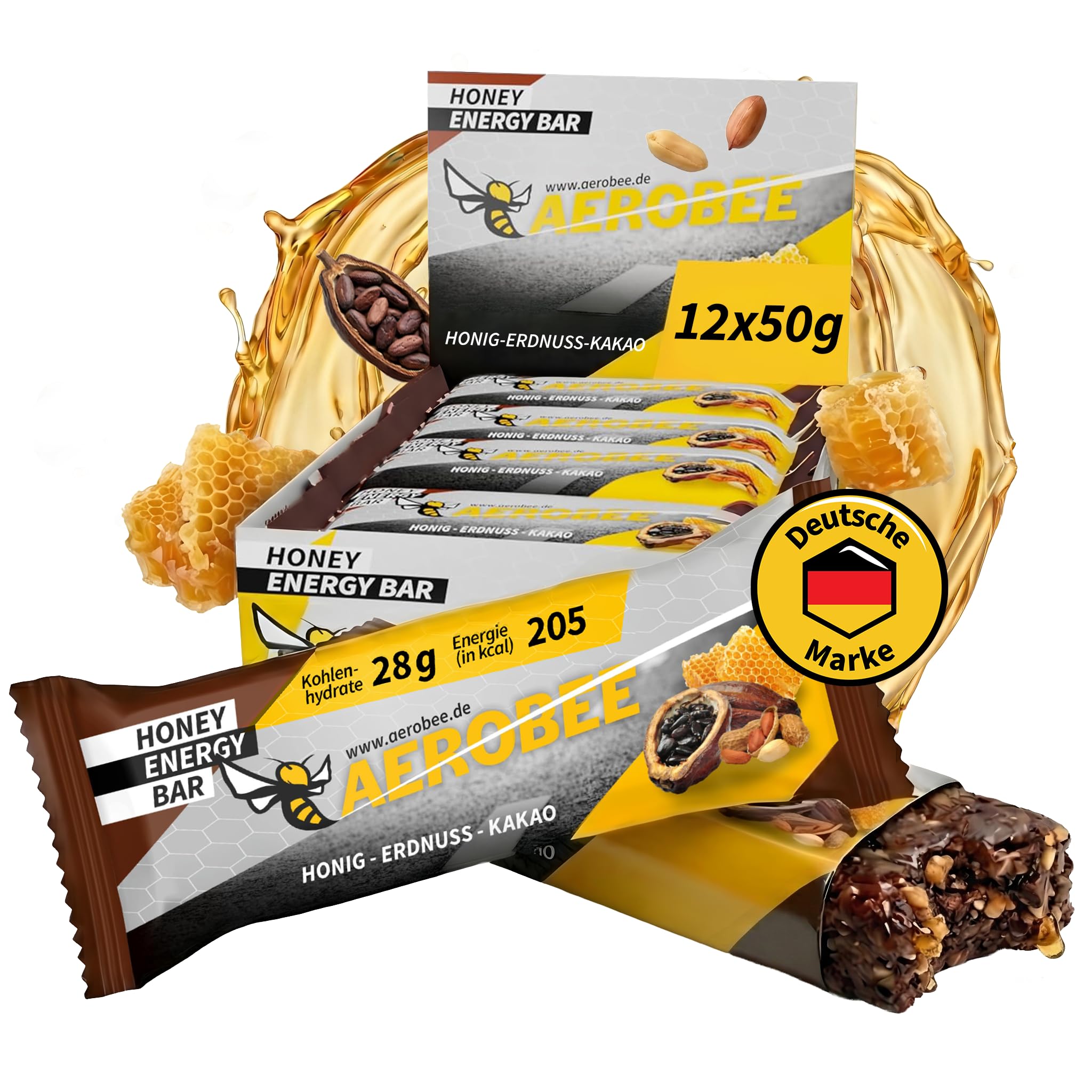 AEROBEE Energieriegel Honig, Erdnuss & Kakao – Haferriegel ohne Zuckerzusatz mit 12mg Koffein – Natürlicher Powerriegel für Ausdauersport, Marathon, Radfahren, Wandern & Büro – 12 x 50 g