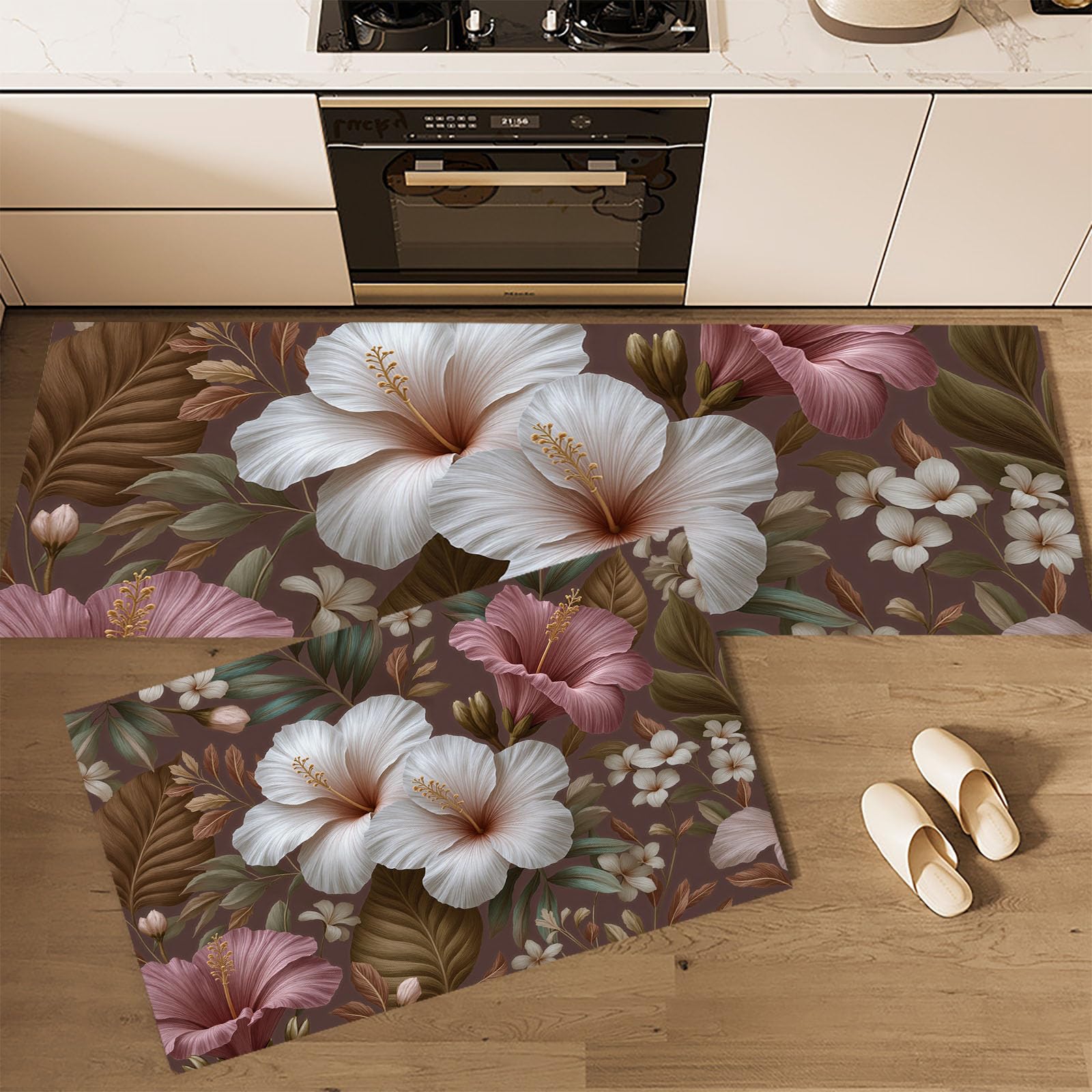 Alfombra de cocina lavable de dos piezas con estampado de flores tropicales