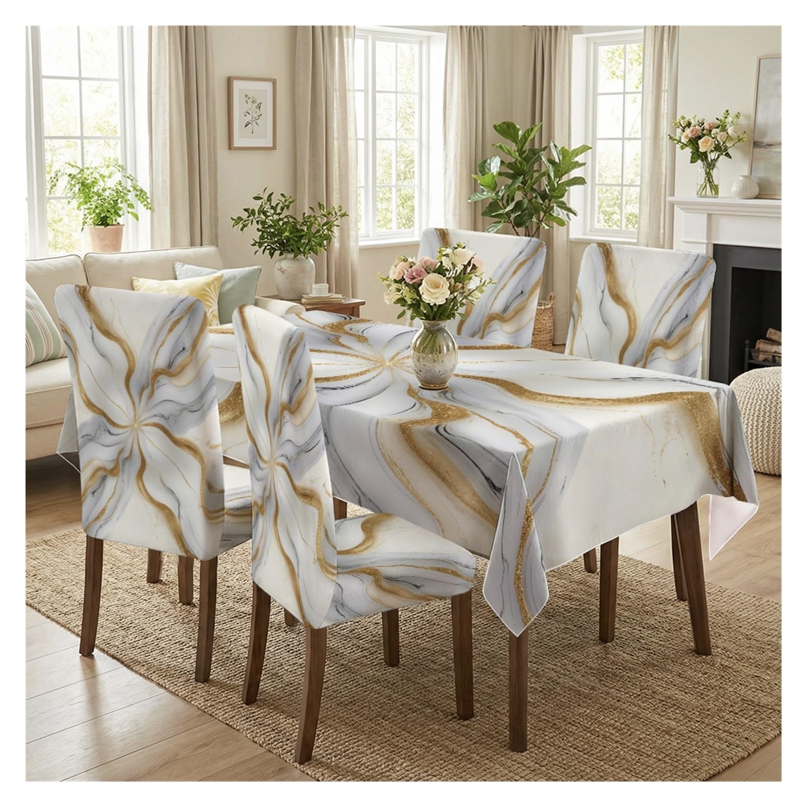 KXUAUV White Gold Marble Print Tablecloth Chair Covers Set, Stretch Slipcovers For Kitchen Dining Living Room Decor, 5/7 Pack Party Decor(5pcs Set: Tablecloth+Chair Covers)