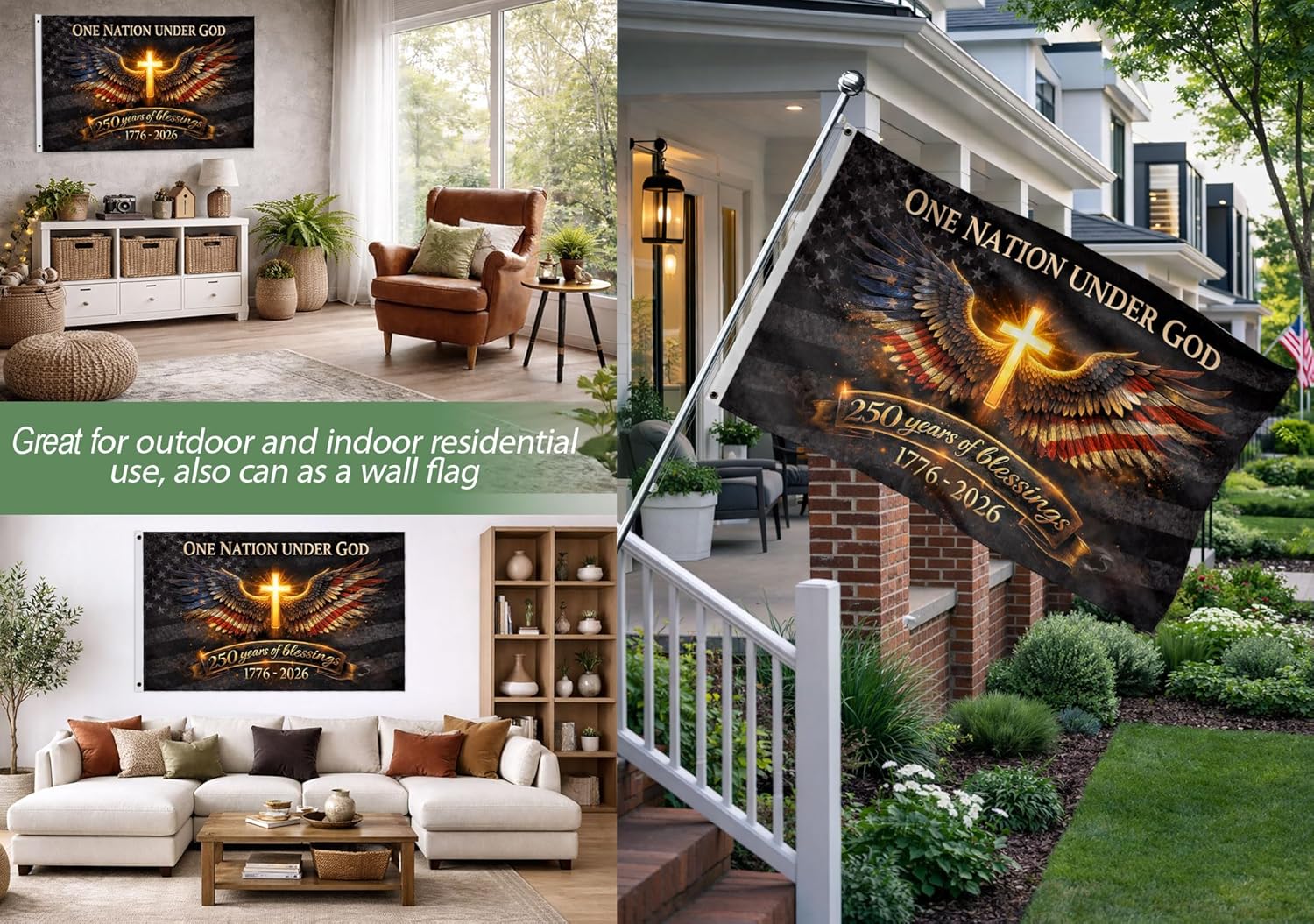 Christian Patriot American Flags, One Nation Under God Flag With Brass Grommets, 250 Years Of Blessings Flag 3x5 Ft, Patriotic Cross Design Decor House, Double-sided Printing, 1776-2026 Commemorative Banner 4