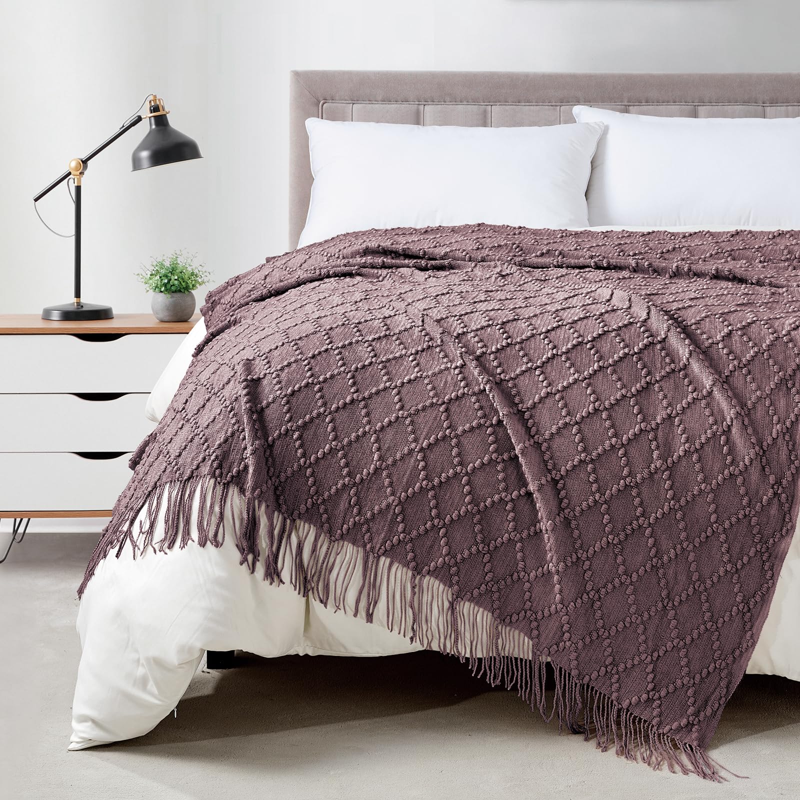 BOURINA Throw Blanket Textured Solid Soft Throws and Blankets for Sofa or Bed Knitted Decorative Blanket 127x178cm Dark Lavender