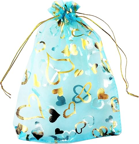 5 x 7 pulgadas 100 piezas corazón flor organza joyería bolsa de regalo bolsa de caramelo bolsa cordón boda favor bolsas P835 (corazón turquesa)